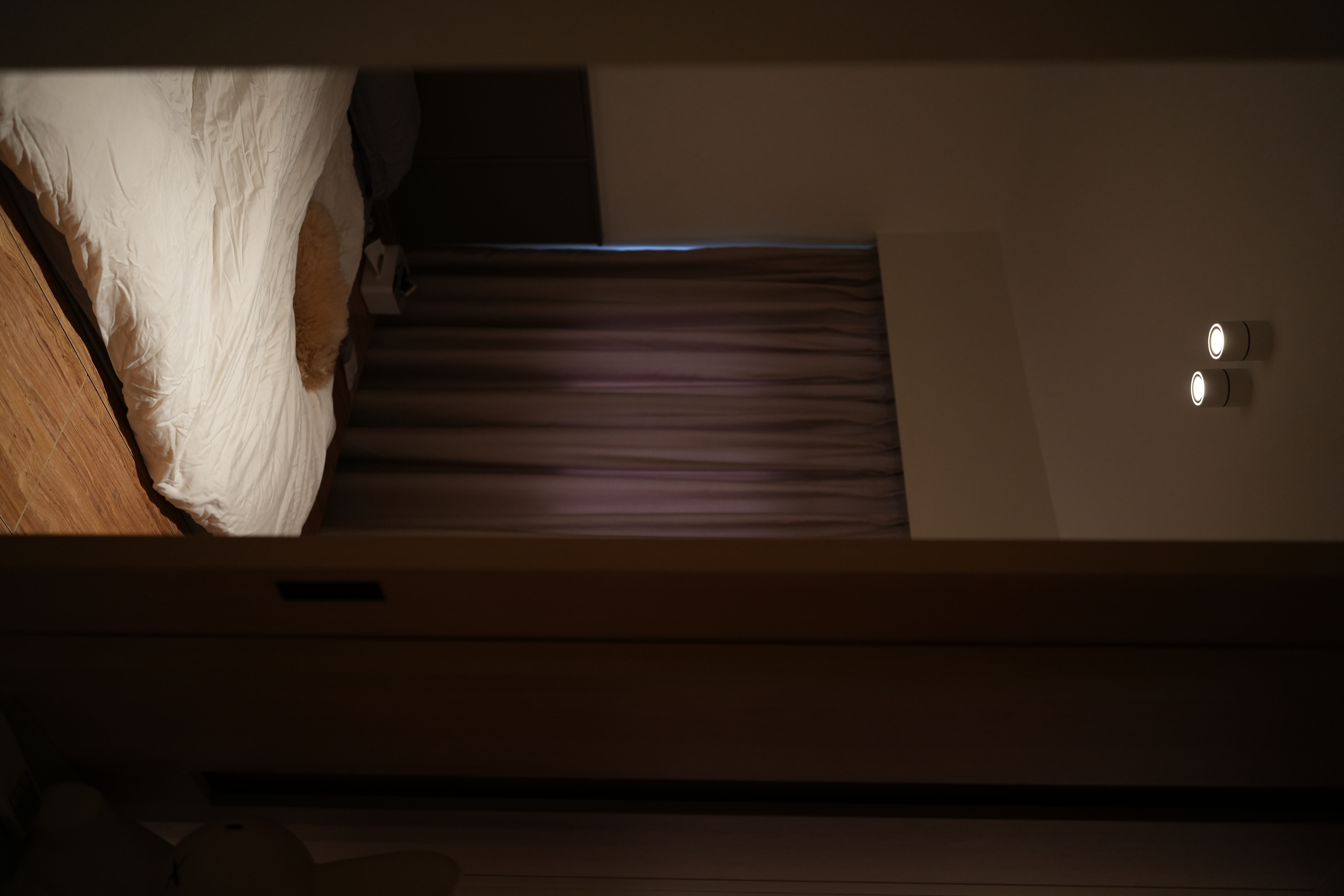 Choosing Lighting: Dimmables, Accents, Moods - dimly lit bedroom, cozy bed, white comforter, fluffy dog, wooden floor, dark