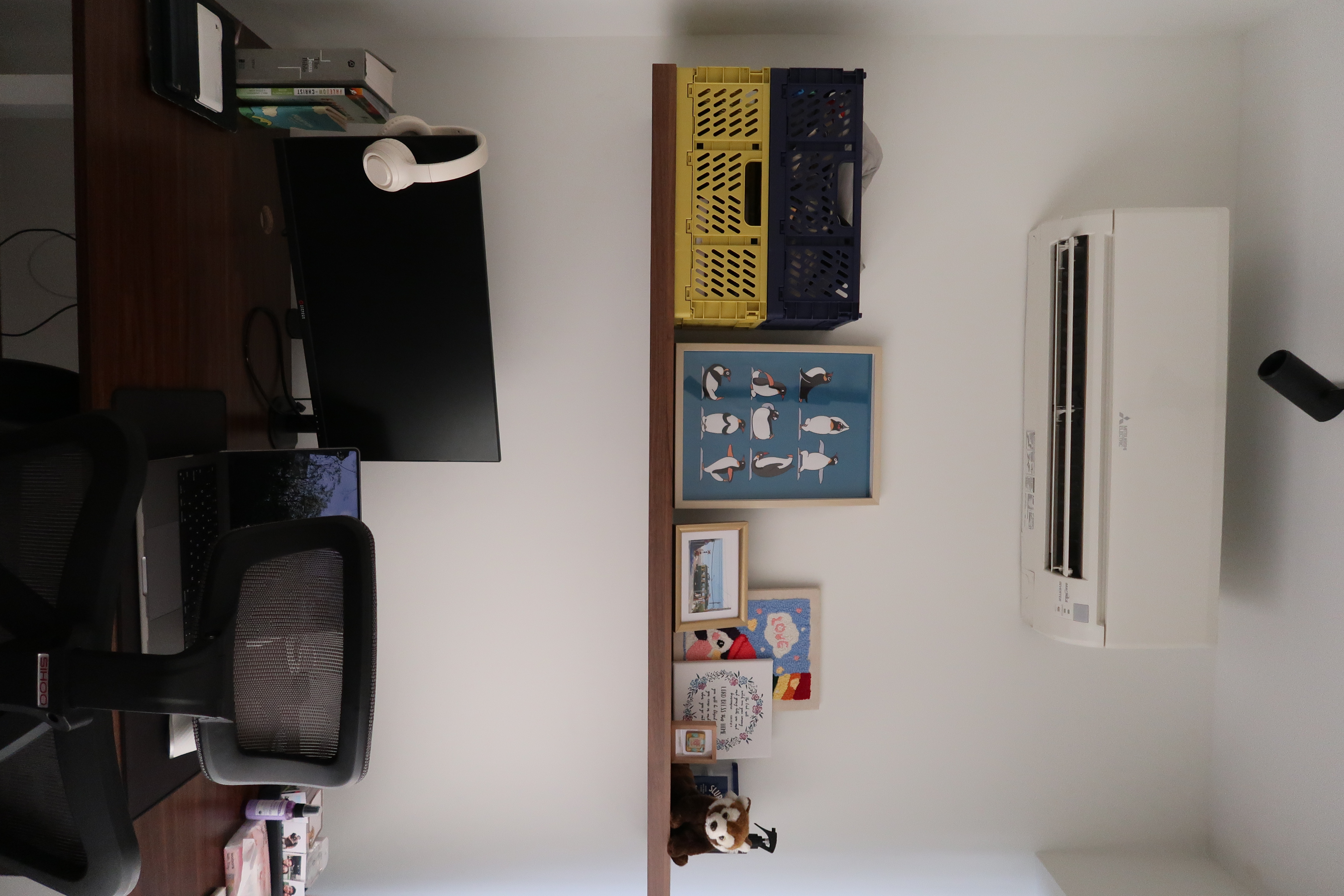 Workspace: We hacked our room into half  - desk, computer, chair, office, monitor, headphones, desk lamp, air conditioner