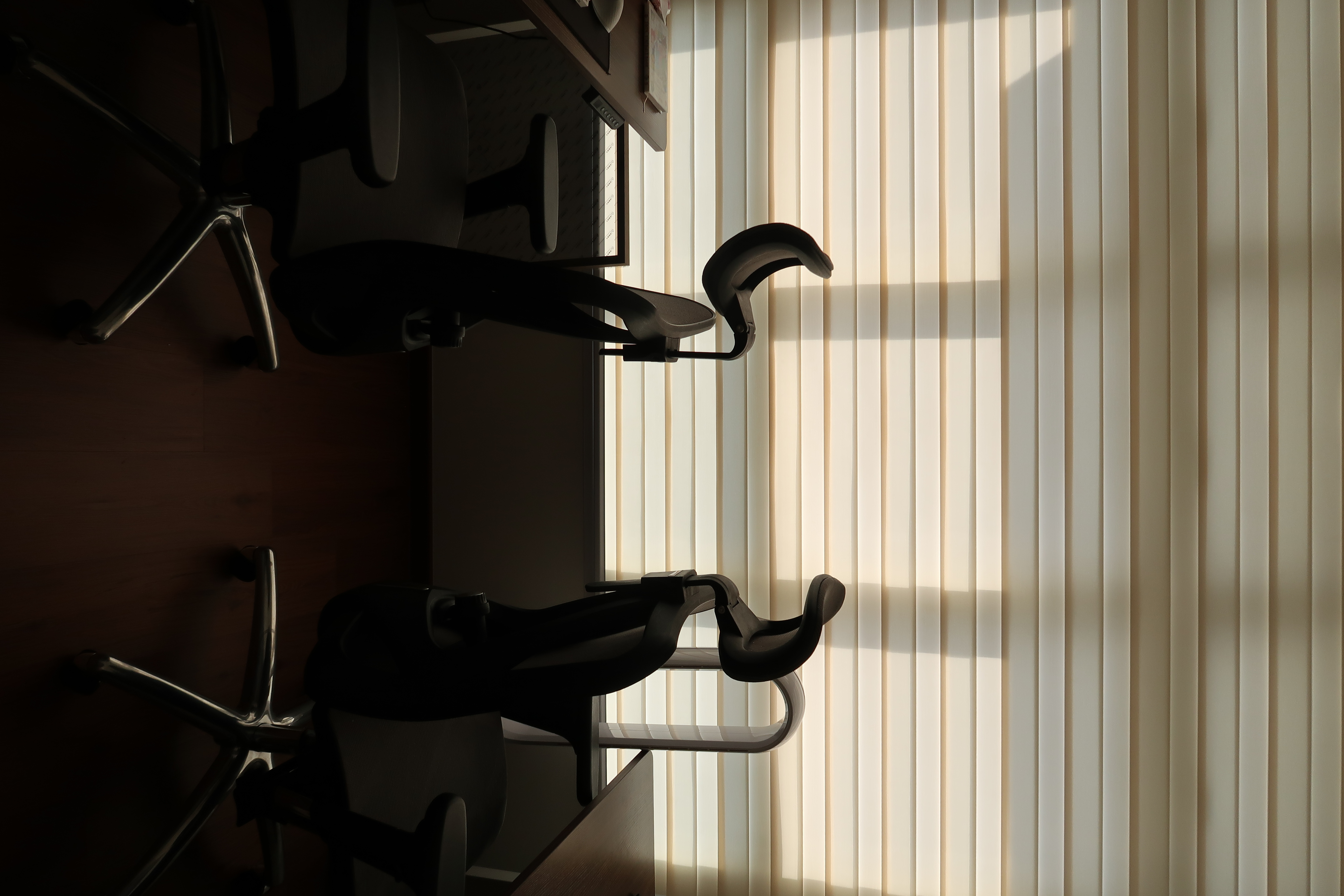 Workspace: We hacked our room into half  - Office chair, blinds, sunlight, window, vertical blinds, office furniture, desk