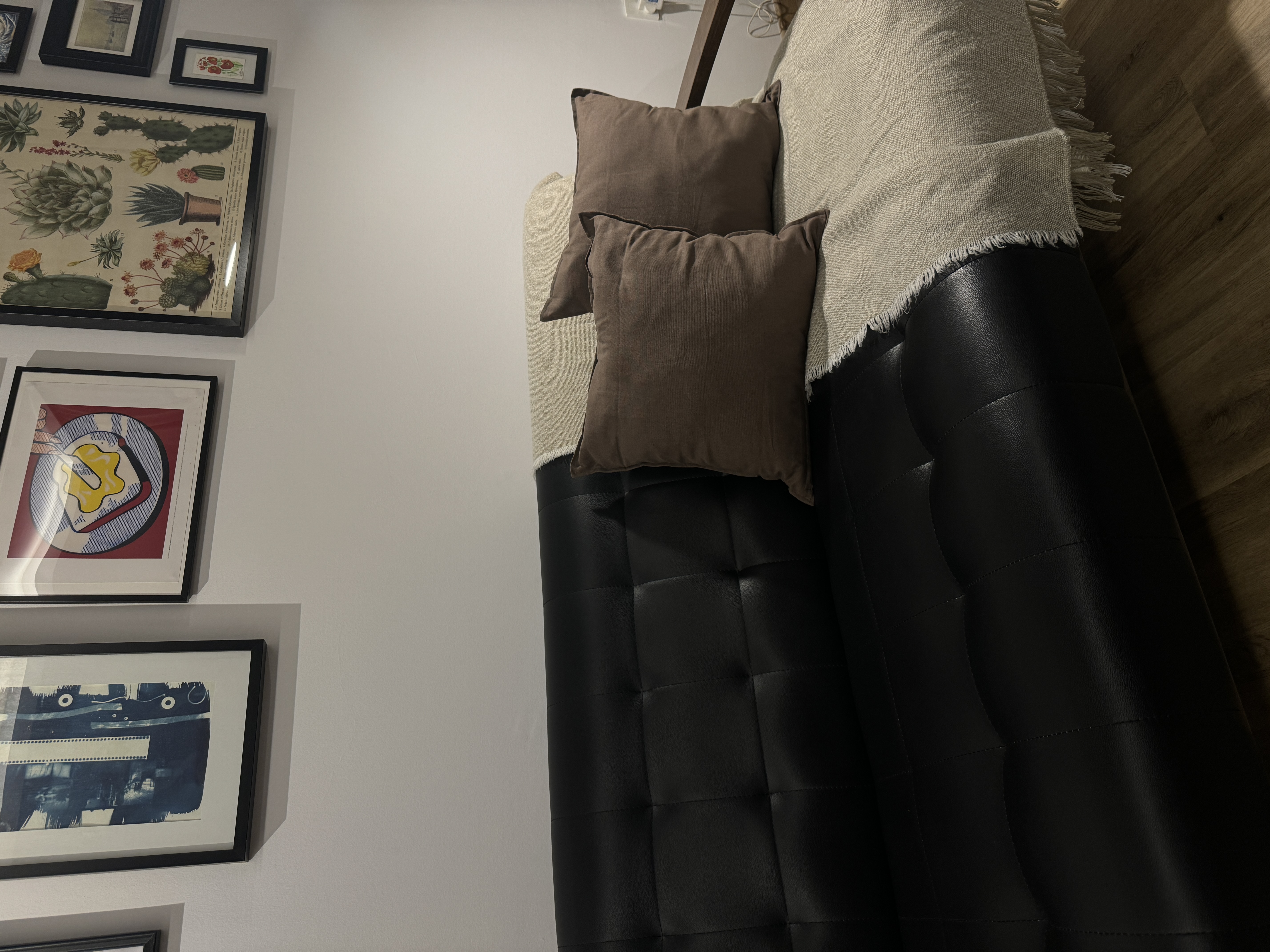 A characterful living room - black leather couch, brown pillows, framed artwork, abstract art, minimalist decor, cozy living