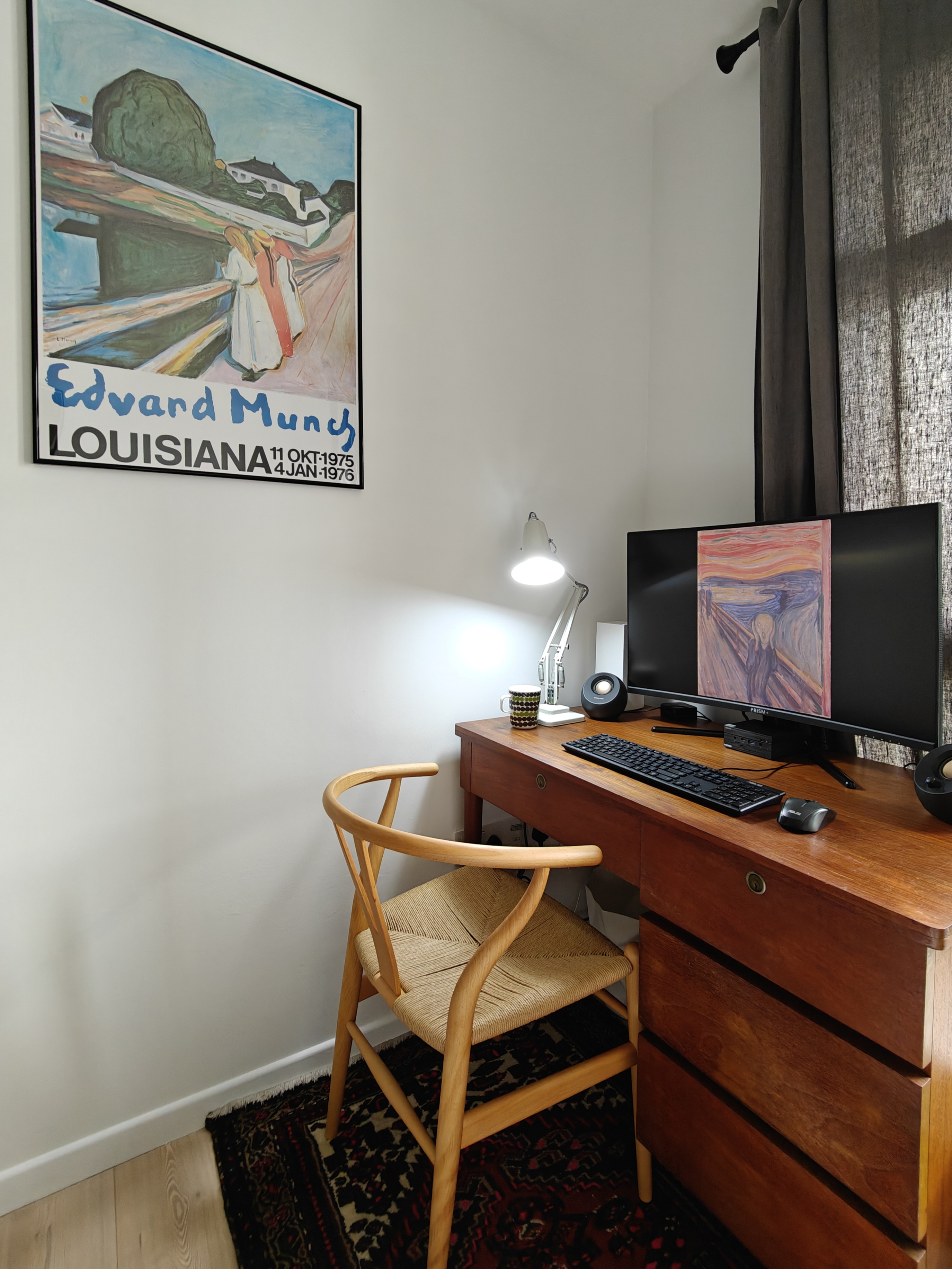 Work Where You Sleep! - Wooden desk, computer monitor, black keyboard, white mouse, wooden chair, light-colored wood, woven