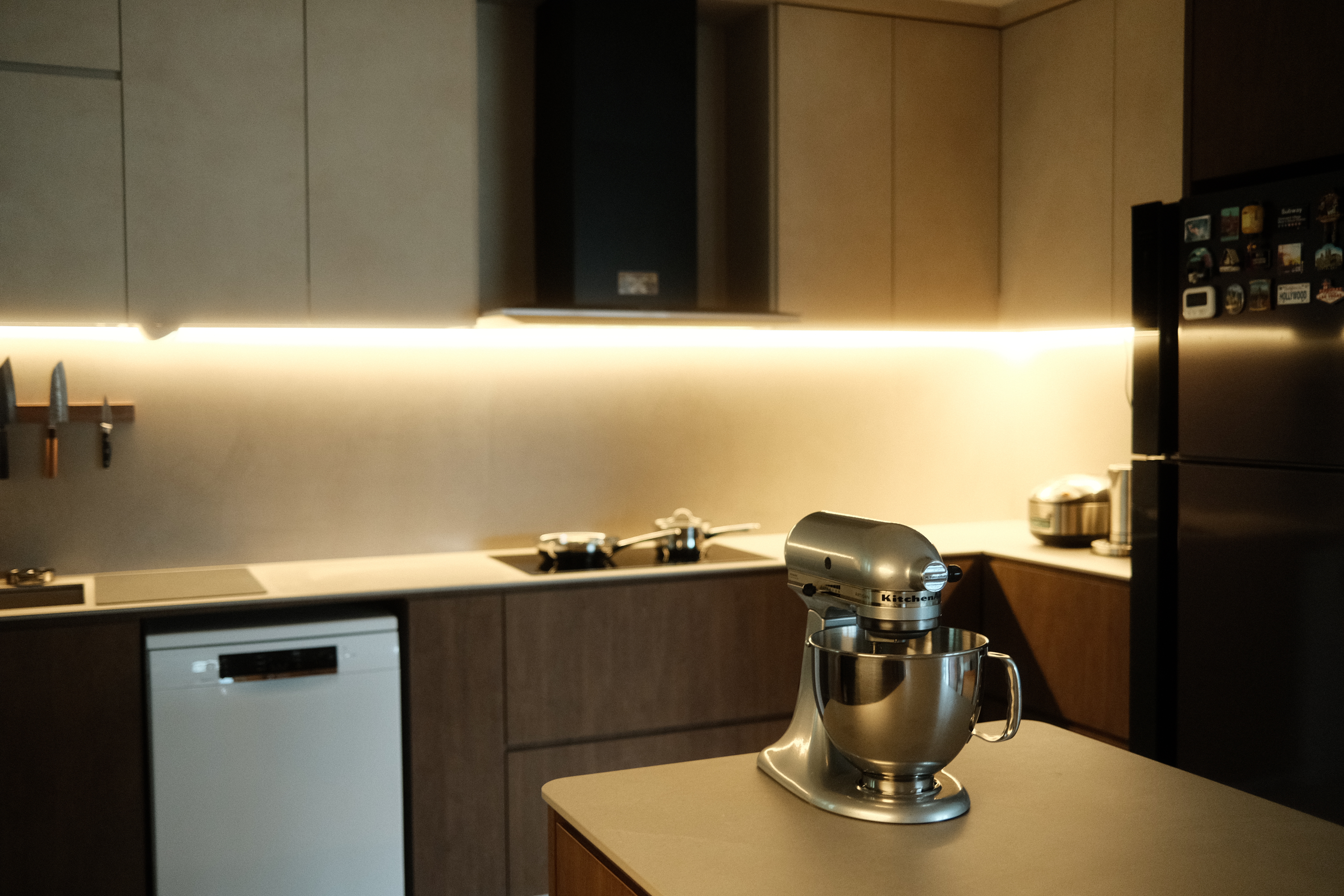 Building the kitchen island of our dreams - Kitchen countertop, modern kitchen, stainless steel mixer, white dishwasher