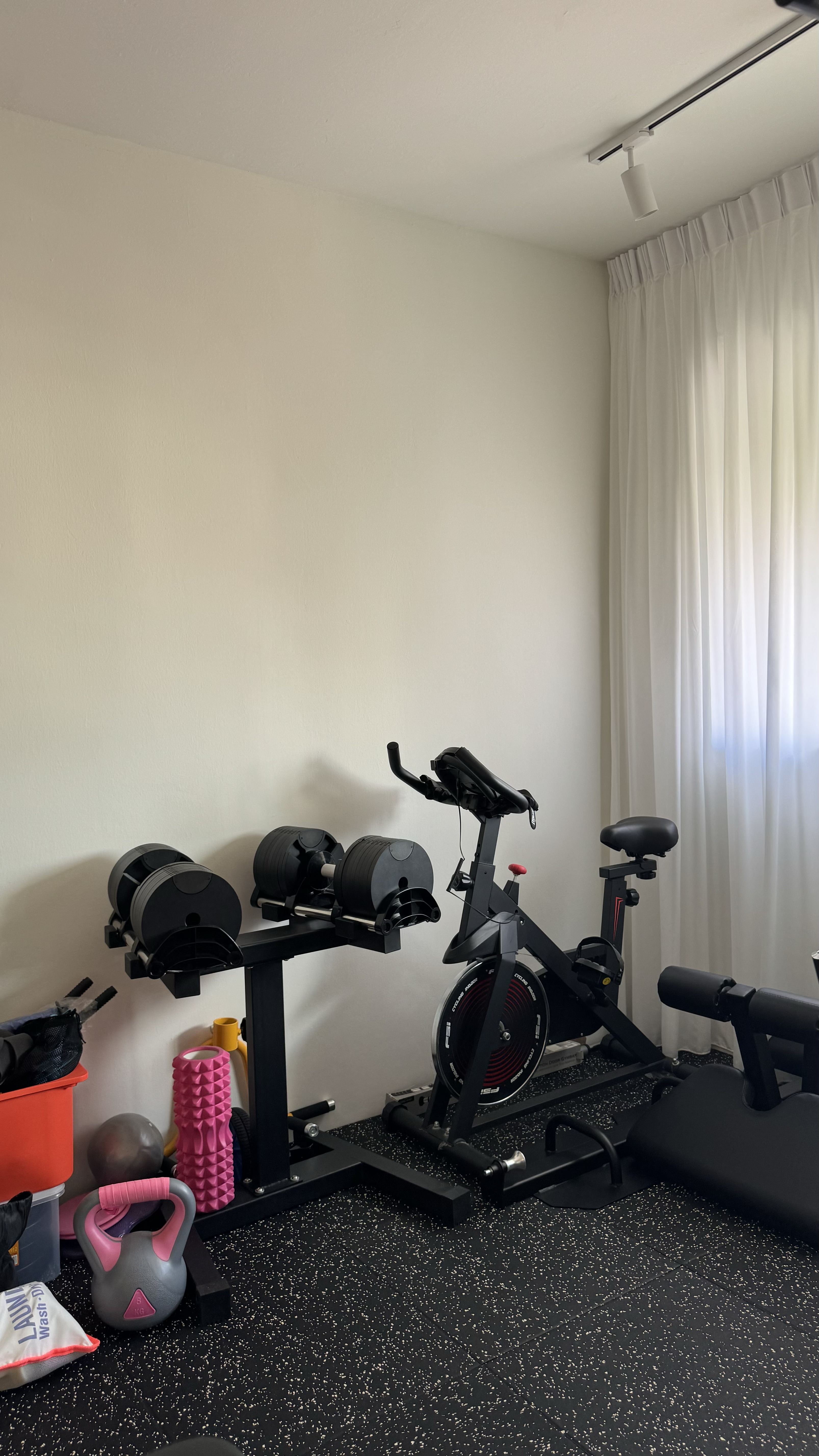 From taukwa to taupok in the GYM ROOM 🏋️ - black exercise bike, black weight rack, black elliptical trainer, pink