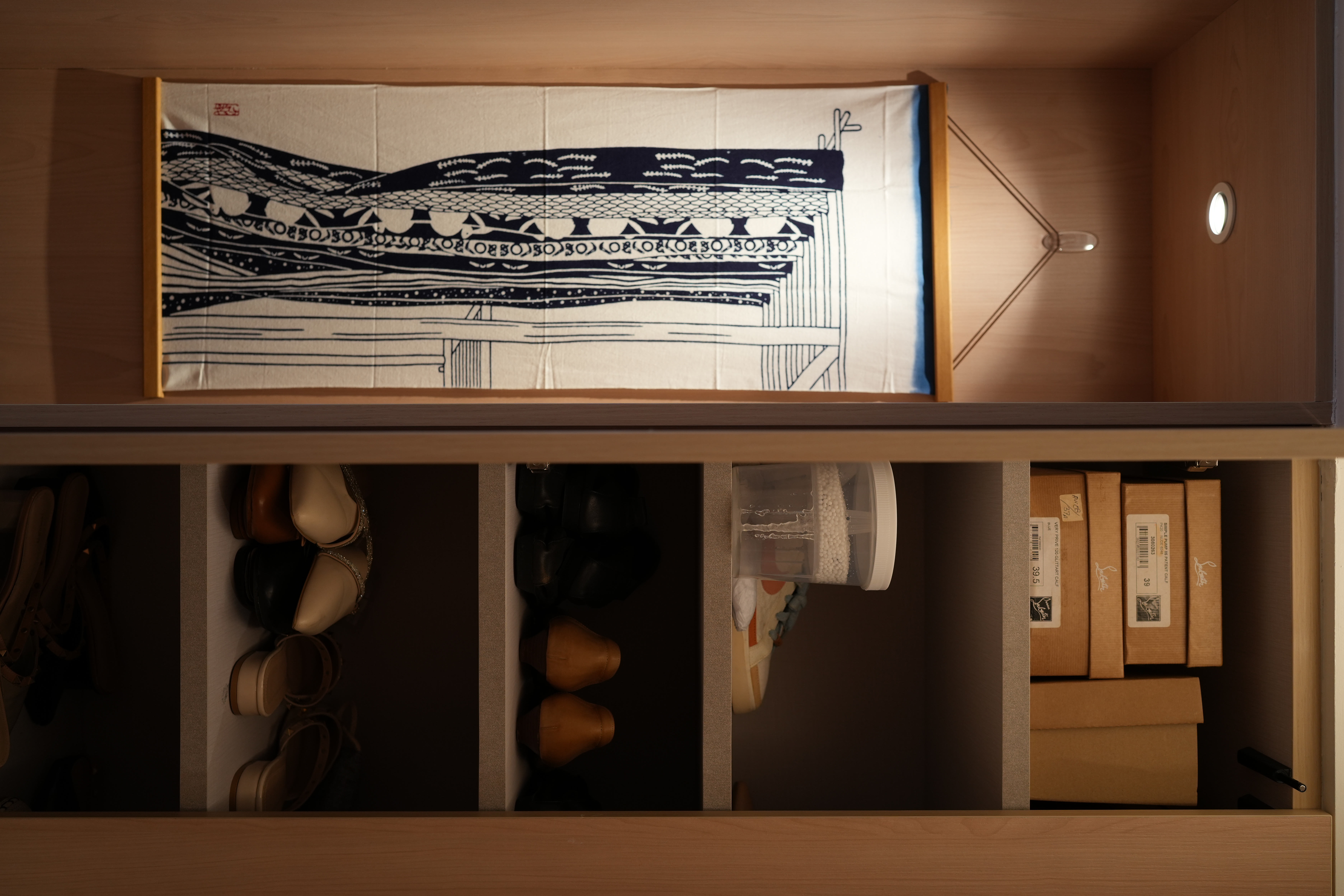 Entryway: Putting the "Ta-da" in "Tadaima" with Mod-Trad Japan Vibes - Shoes neatly arranged in a wooden drawer, neatly