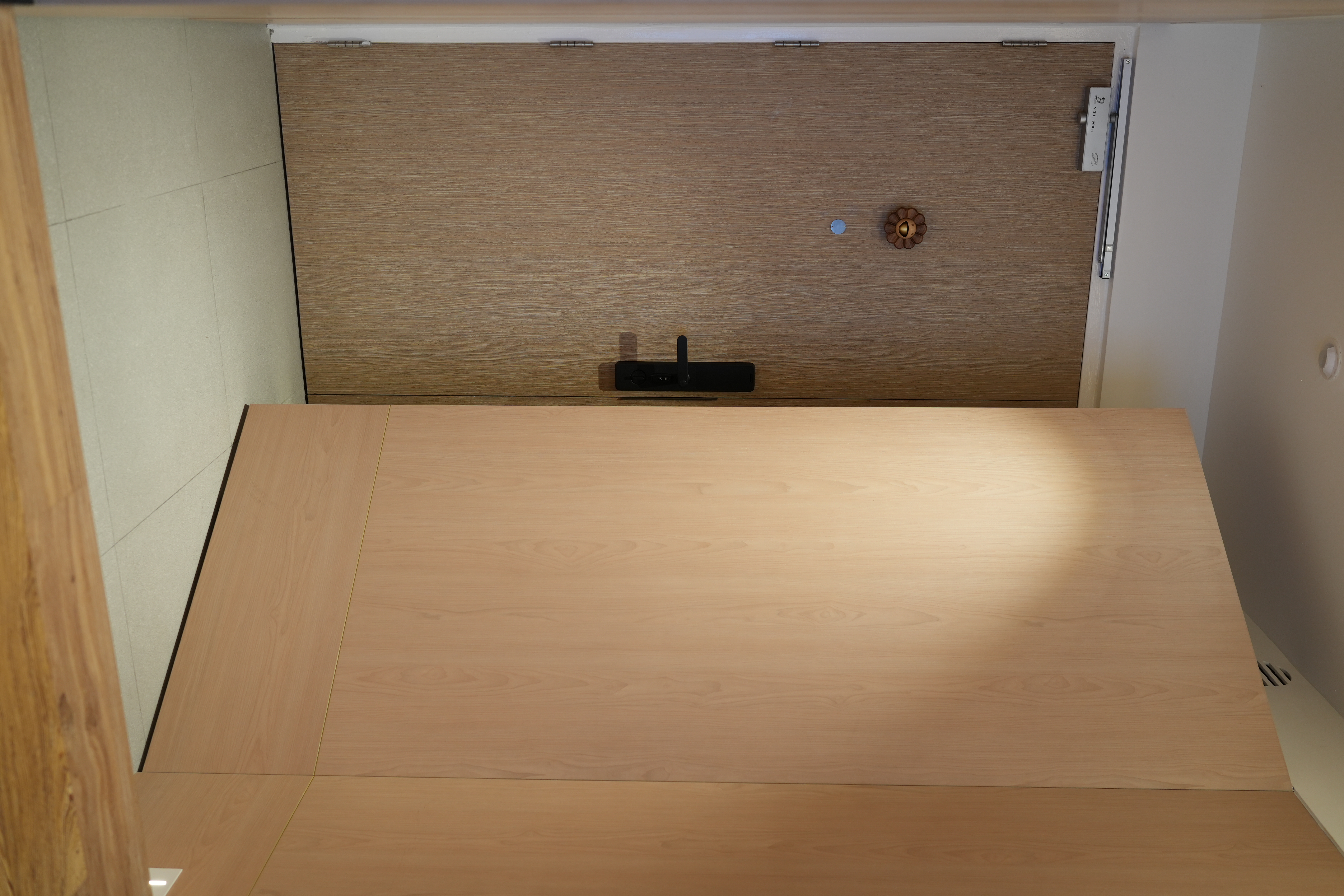 Entryway: Putting the "Ta-da" in "Tadaima" with Mod-Trad Japan Vibes - Wooden door, light brown wood, modern design