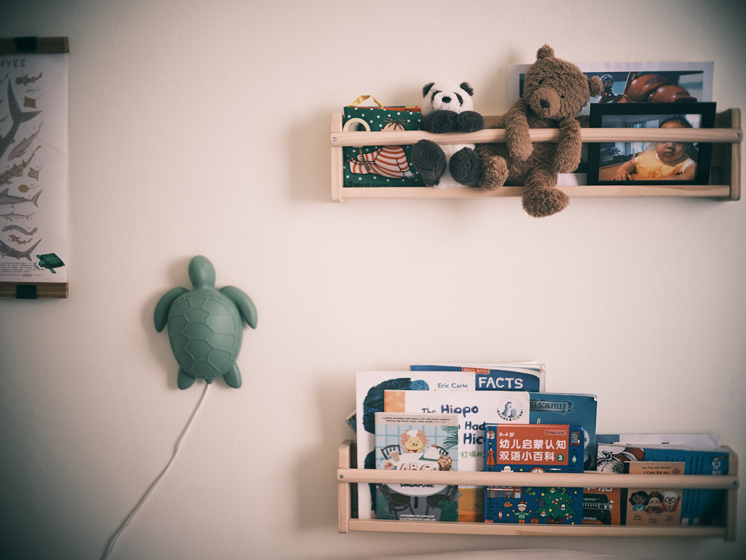A charming bedroom for a golden childhood - wall-mounted shelf, children's books, educational toys, stuffed animals, framed