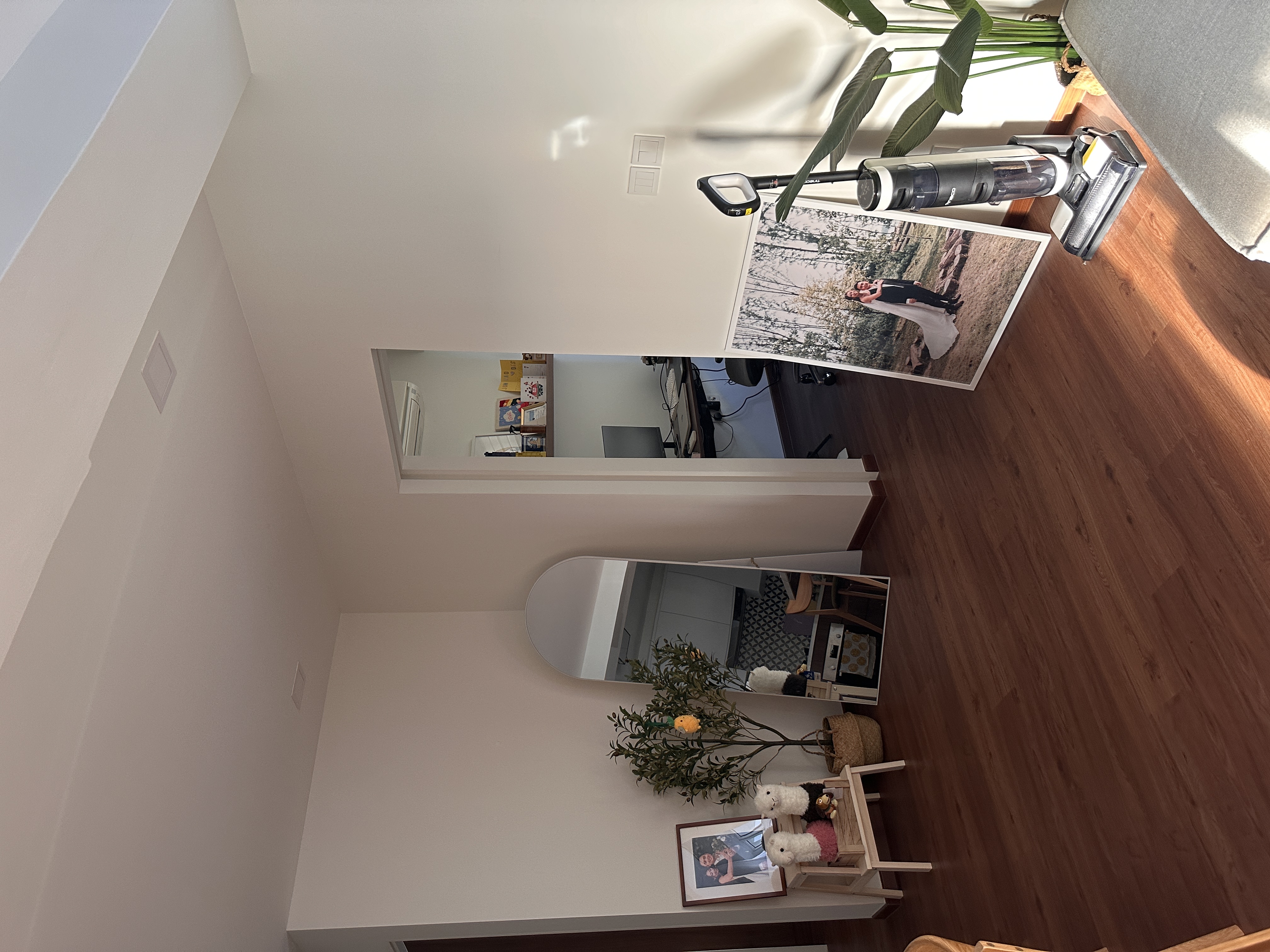 Before and after home transformation!!  - vintage vacuum cleaner, modern living room, cozy atmosphere, wooden floor, white