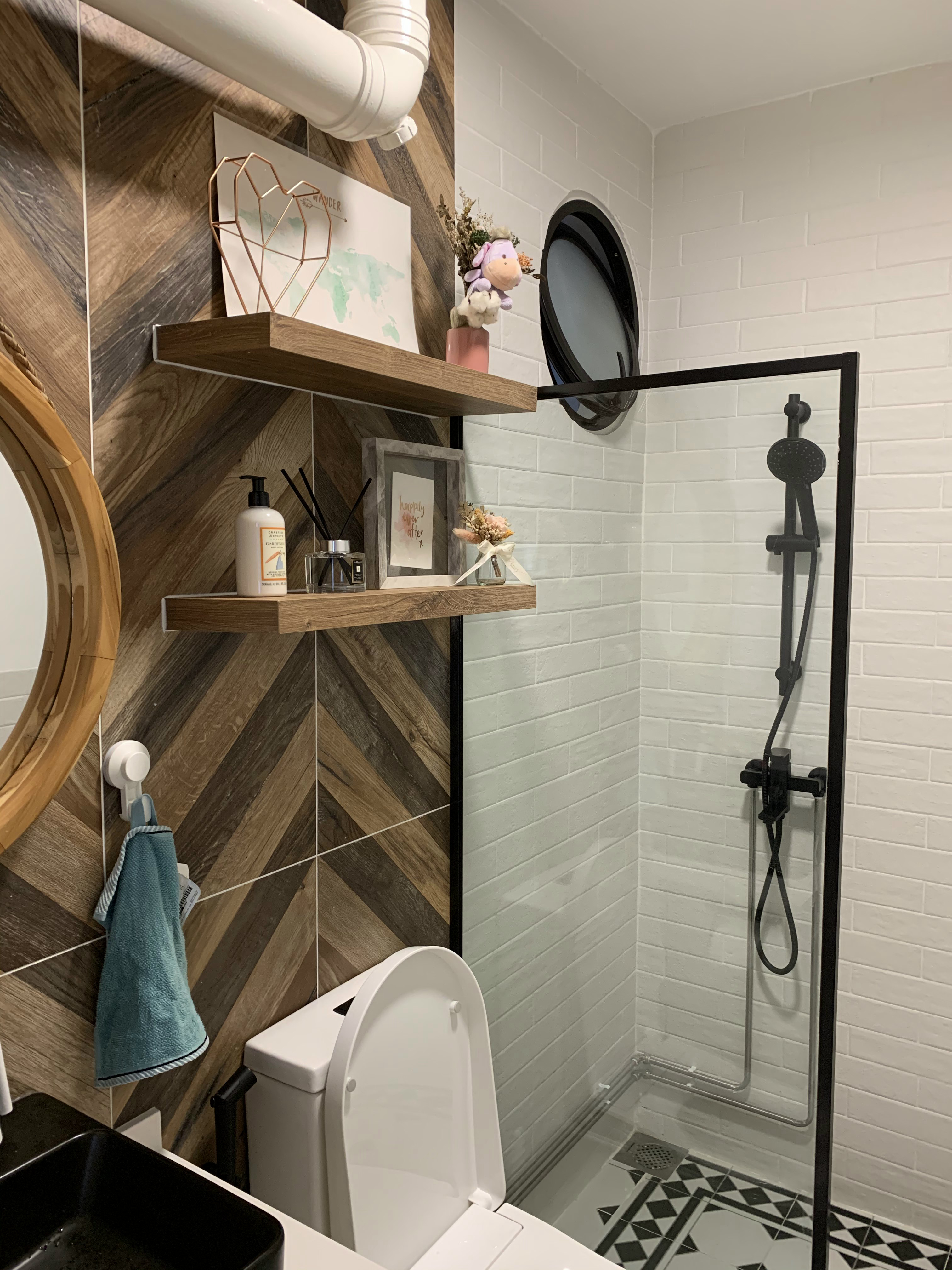 Classic Farmhouse Bathroom Design with Circle Windows in 4Rm HDB  - Wooden shelf, white wall, bathroom vanity, wooden