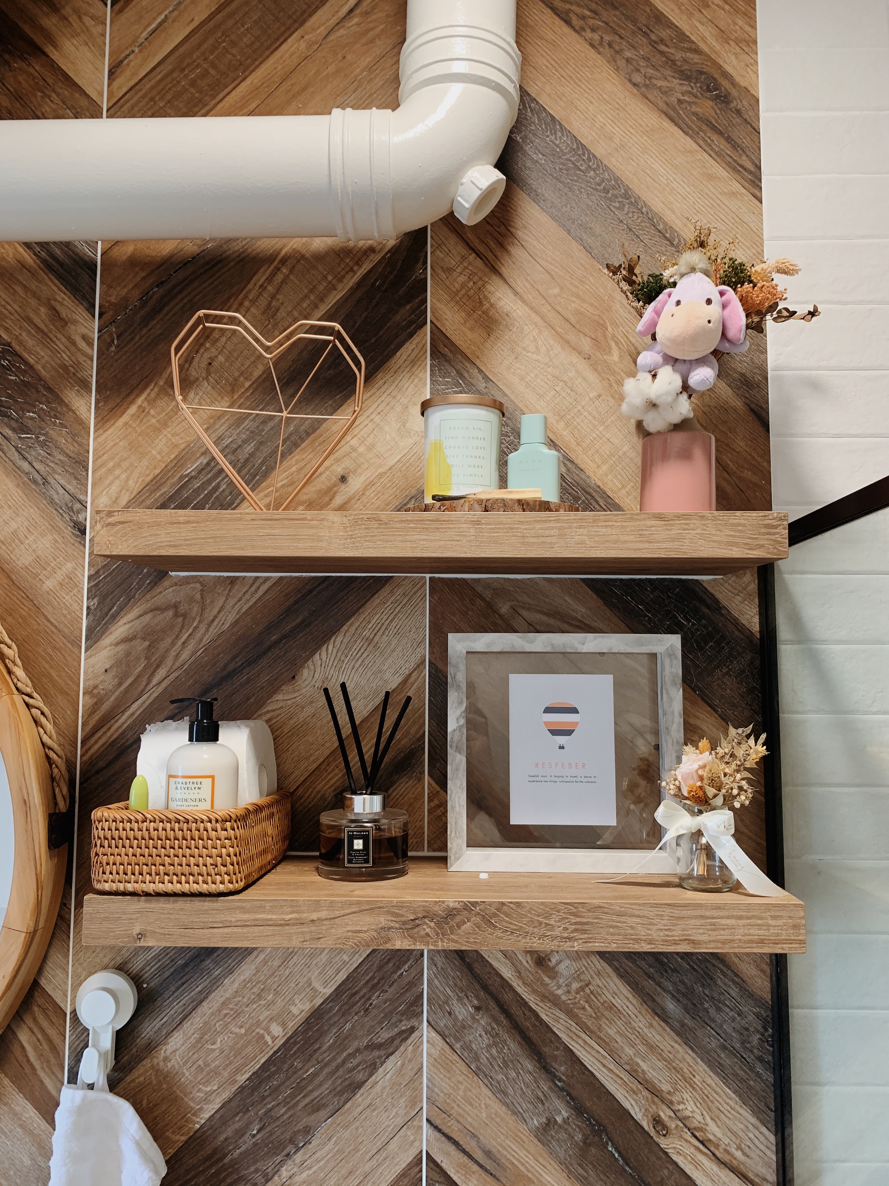 Classic Farmhouse Bathroom Design with Circle Windows in 4Rm HDB  - Wooden shelf, bathroom vanity, wooden herringbone