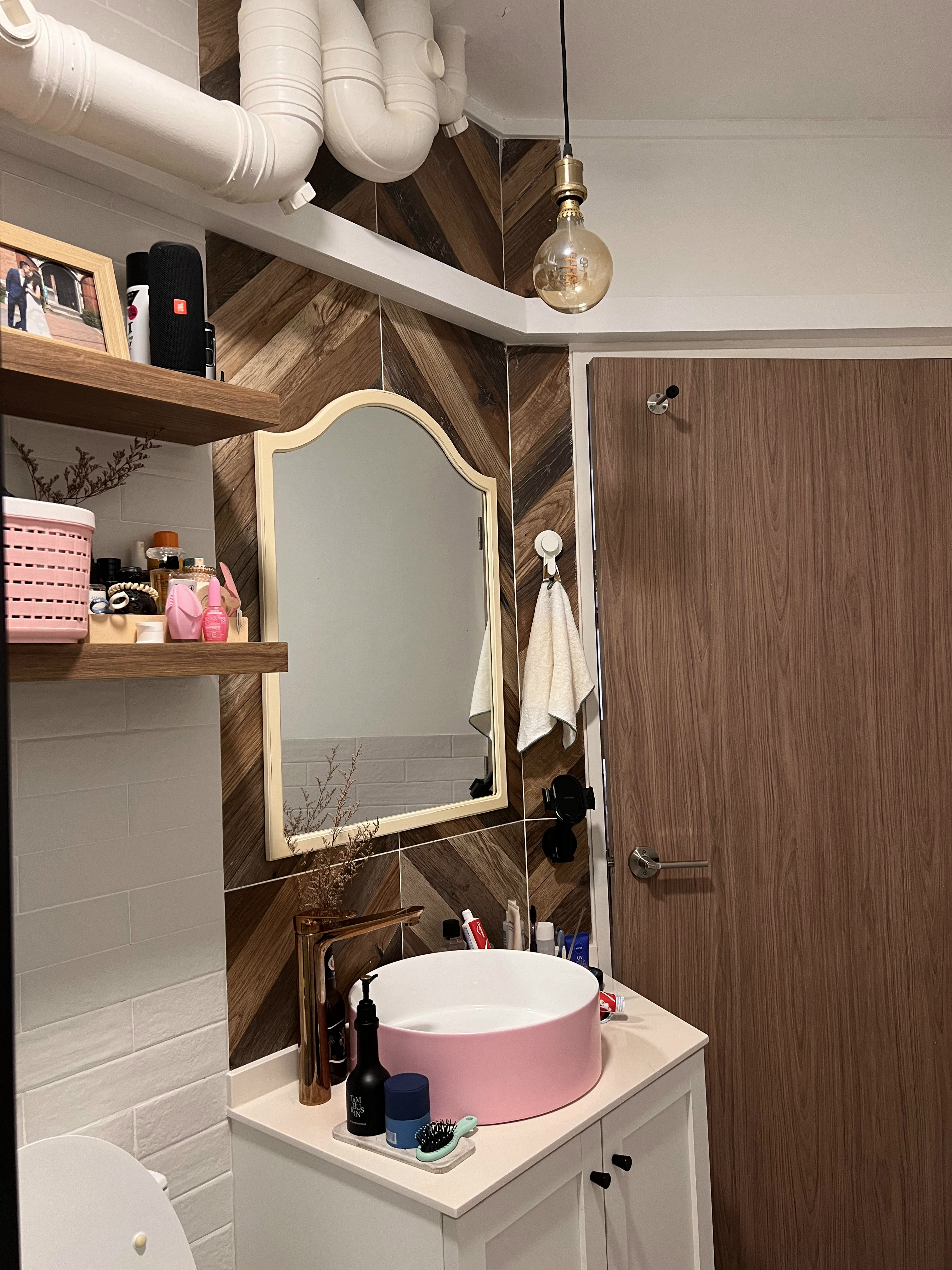 Classic Farmhouse Bathroom Design with Circle Windows in 4Rm HDB  - Wooden bathroom vanity, white sink, pink basin, modern