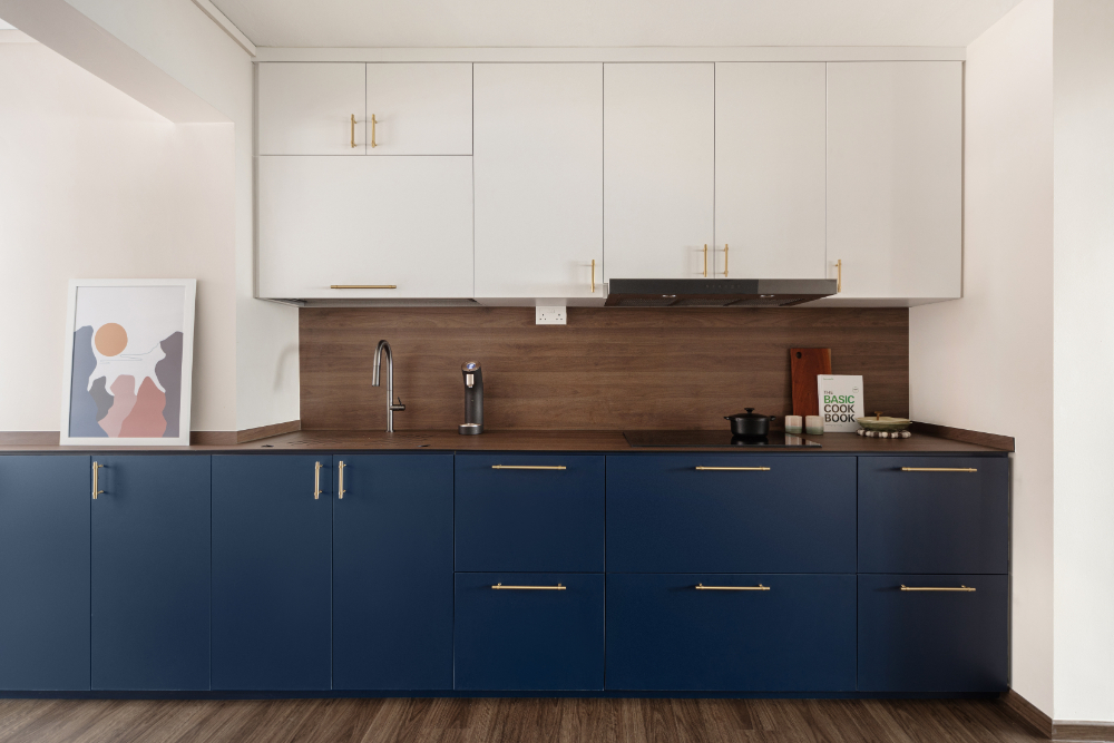 Render vs Reality - Bathrooms and Kitchen - Modern kitchen with sleek white cabinets and navy blue drawers, minimalist