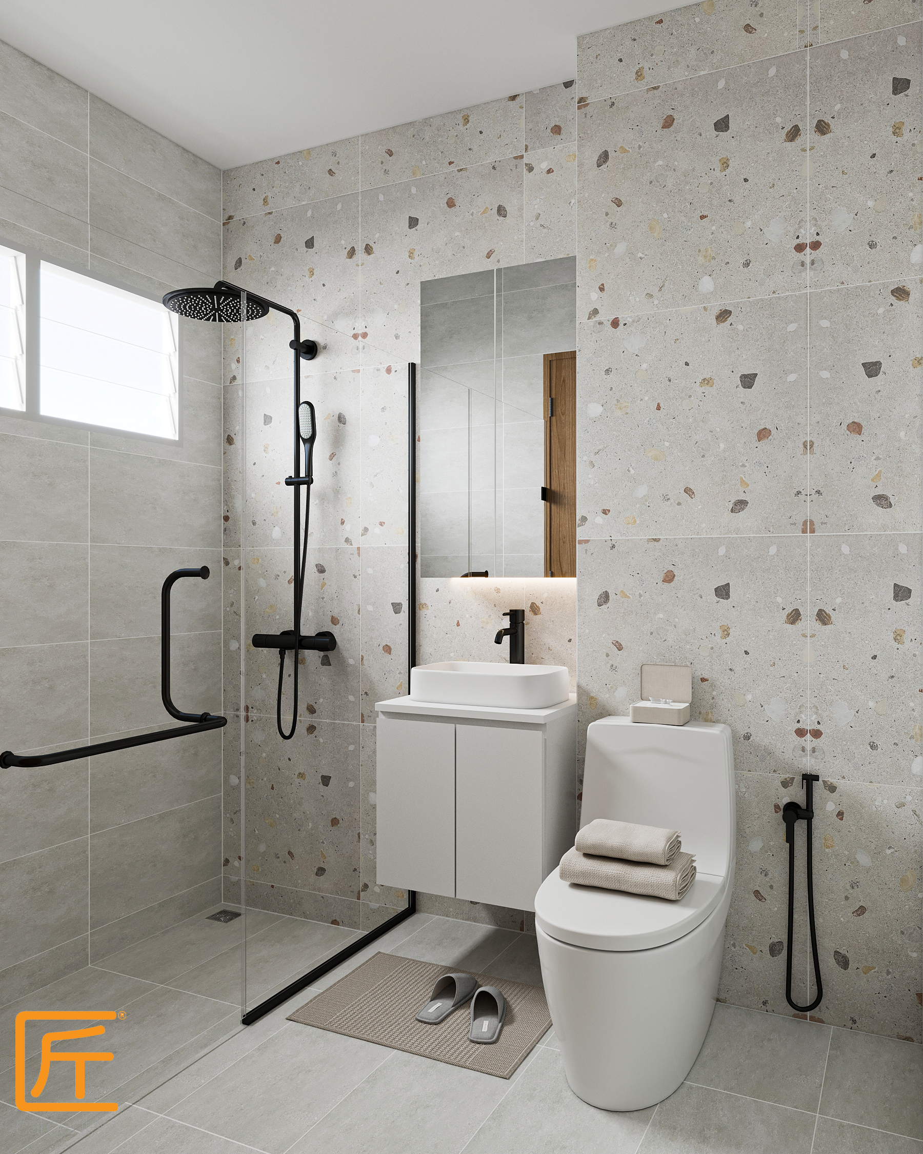 Render vs Reality - Bathrooms and Kitchen - Modern bathroom with sleek design, beige and gray tiles, black shower head and