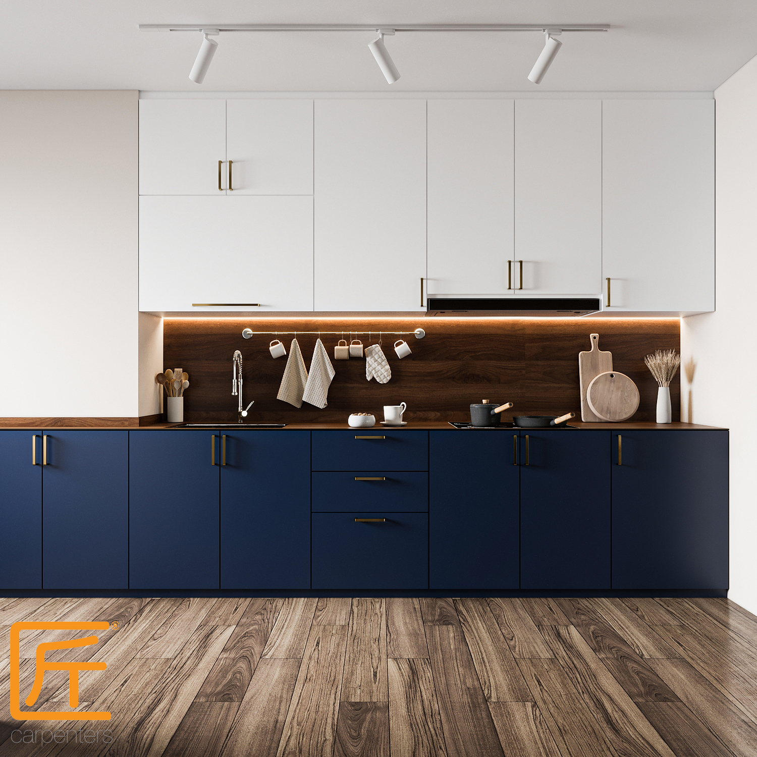 Render vs Reality - Bathrooms and Kitchen - Modern kitchen with sleek design, minimalist decor, wooden backsplash, dark blue