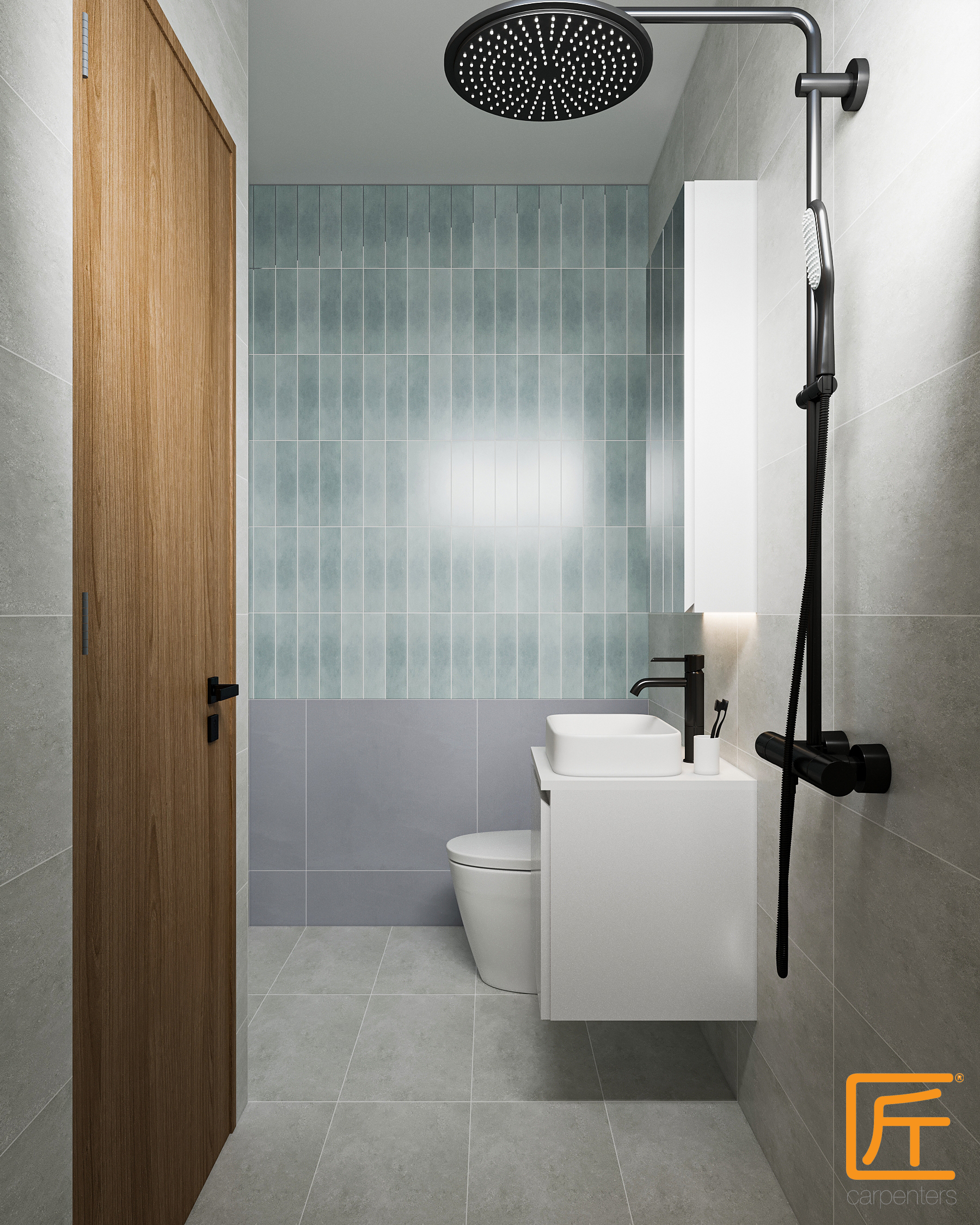 Render vs Reality - Bathrooms and Kitchen - Modern bathroom with sleek design, gray and blue tiles, wooden door, black shower