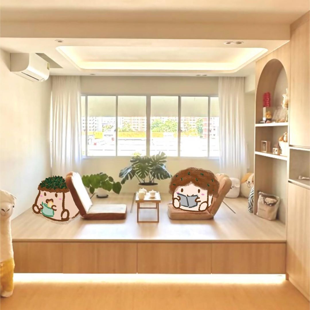 Weekends are for the tofus to nua at home 🏠 - Cozy living room with plush armchairs and a small table, Cartoon-style