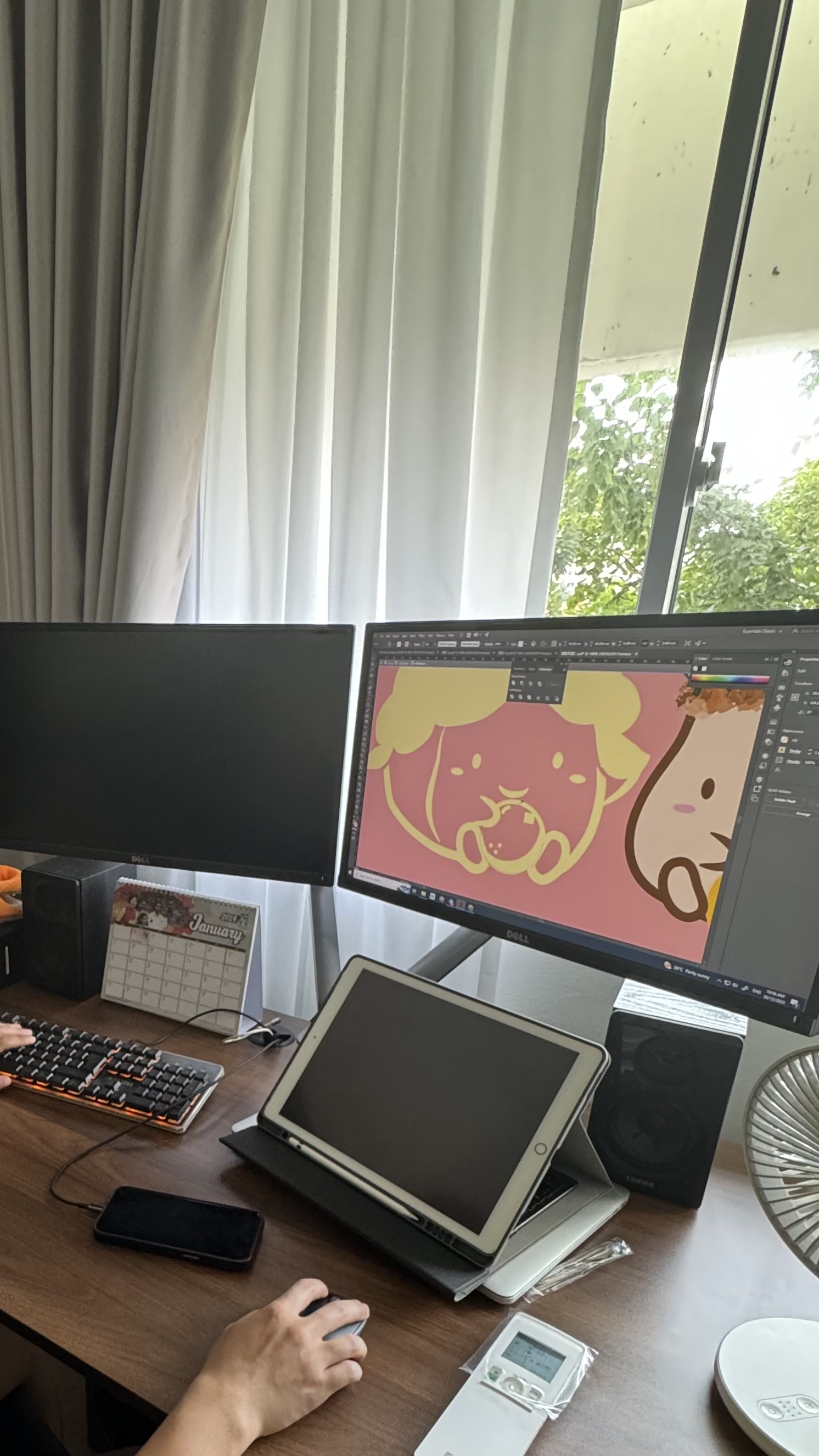 Weekends are for the tofus to nua at home 🏠 - Desktop setup, dual monitors, cartoon art, digital drawing, computer