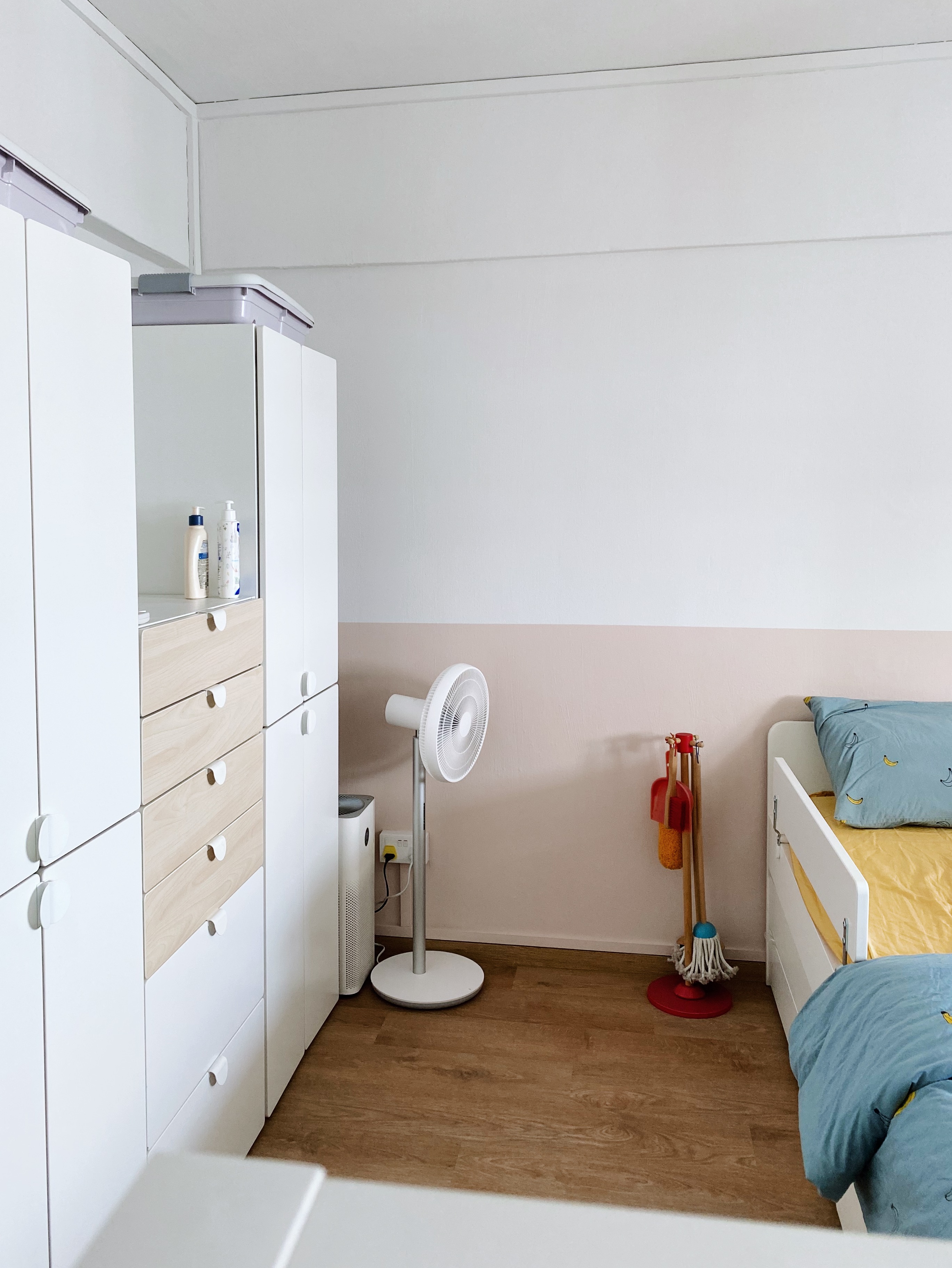 (work in progress) a cozy spacious bedroom for our little ones! - White wardrobe with wooden drawers, mirror, and toiletries