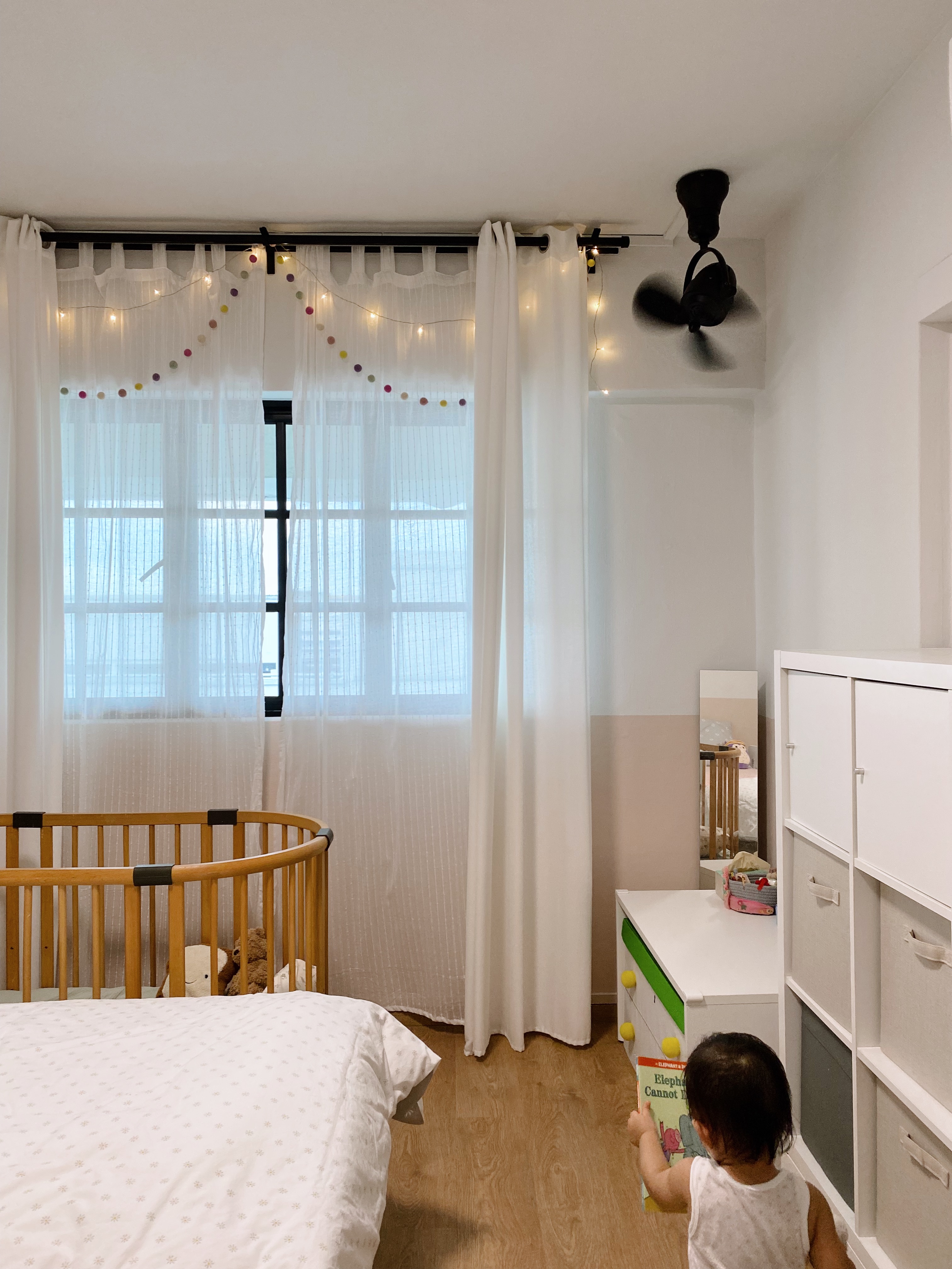 (work in progress) a cozy spacious bedroom for our little ones! - White sheer curtains, wooden crib, baby furniture, colorful