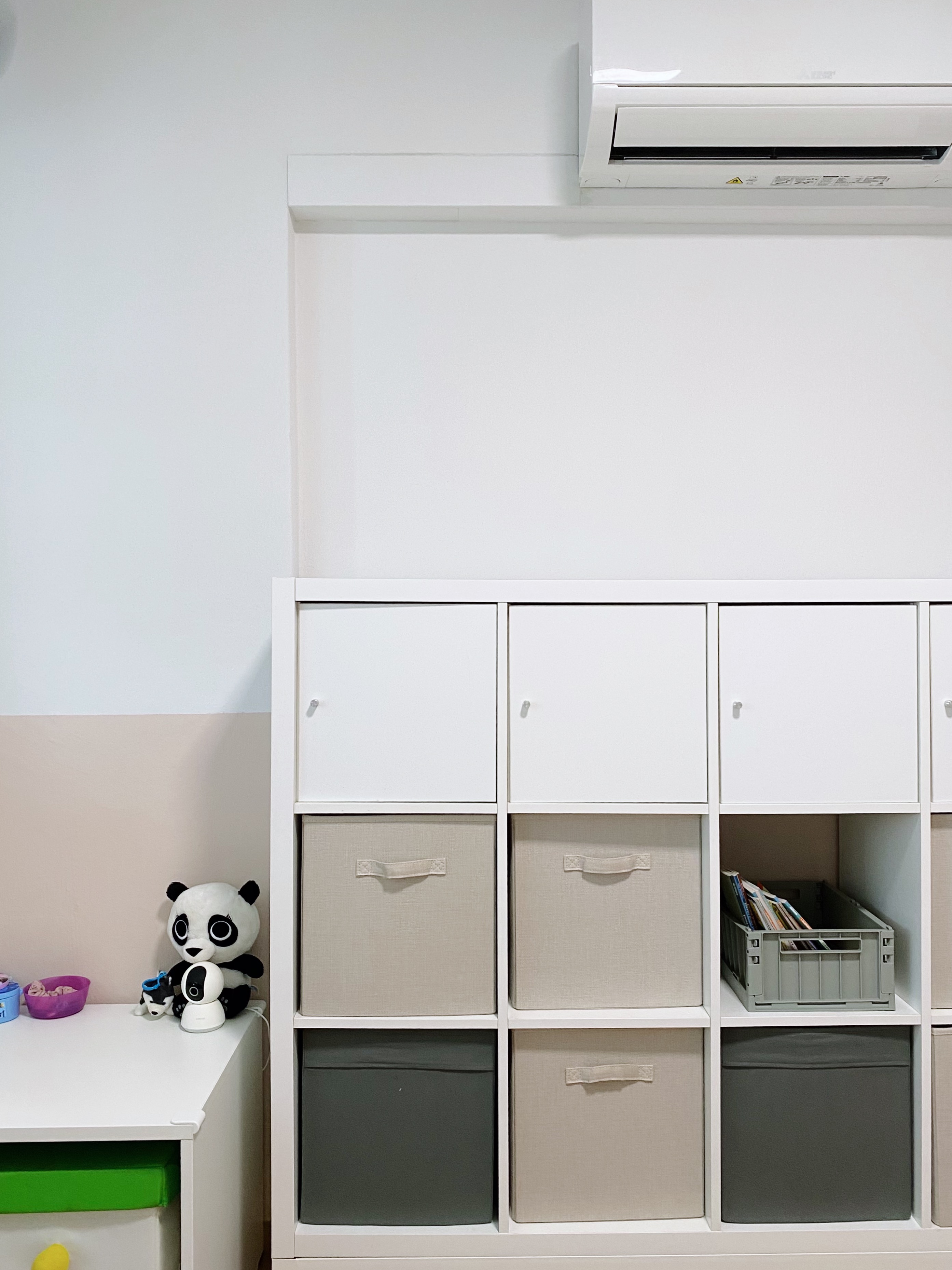 (work in progress) a cozy spacious bedroom for our little ones! - white storage unit, white cabinets, beige storage bins