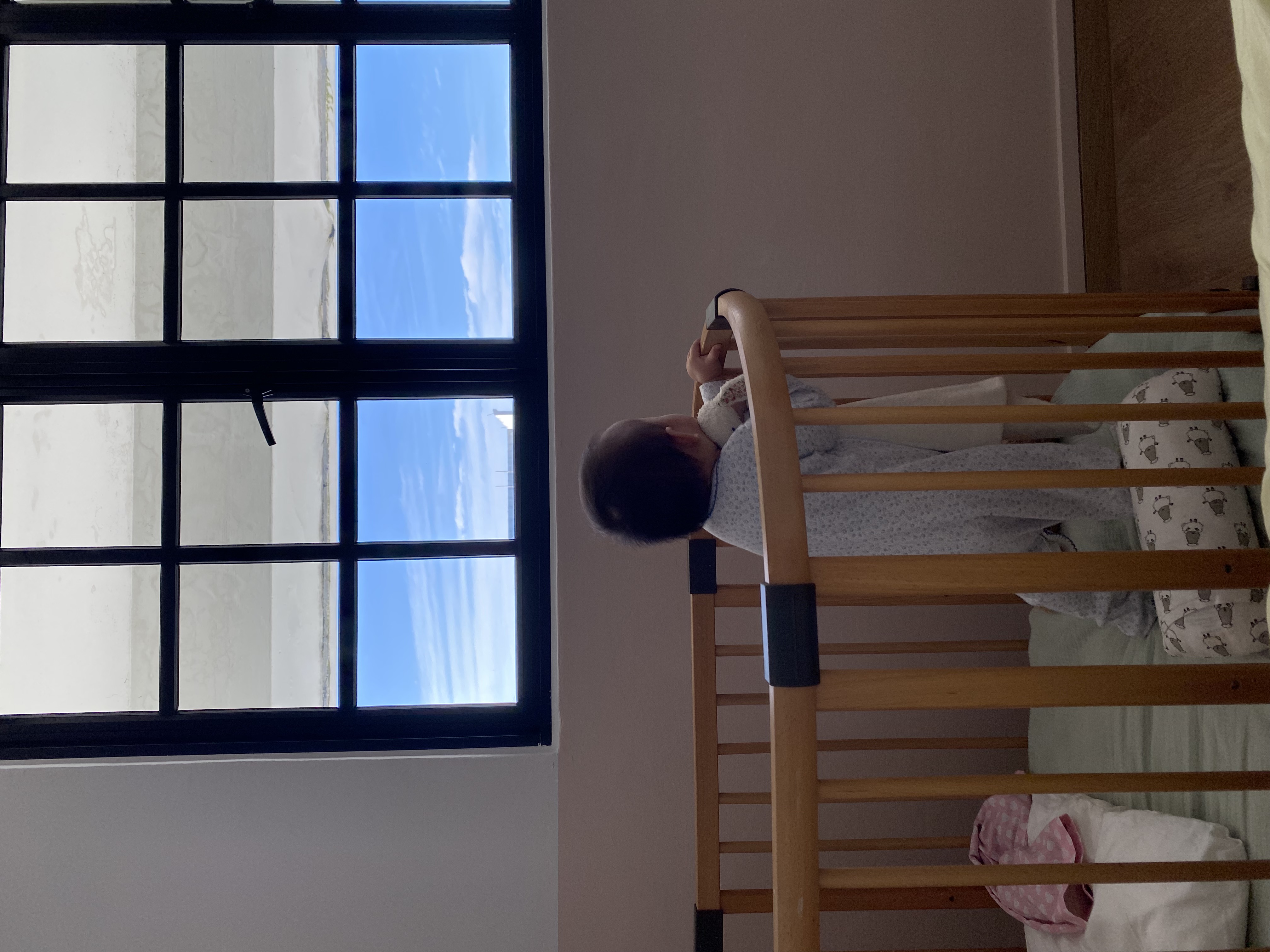 (work in progress) a cozy spacious bedroom for our little ones! - Large window, blue sky, clouds, bright day, baby sitting