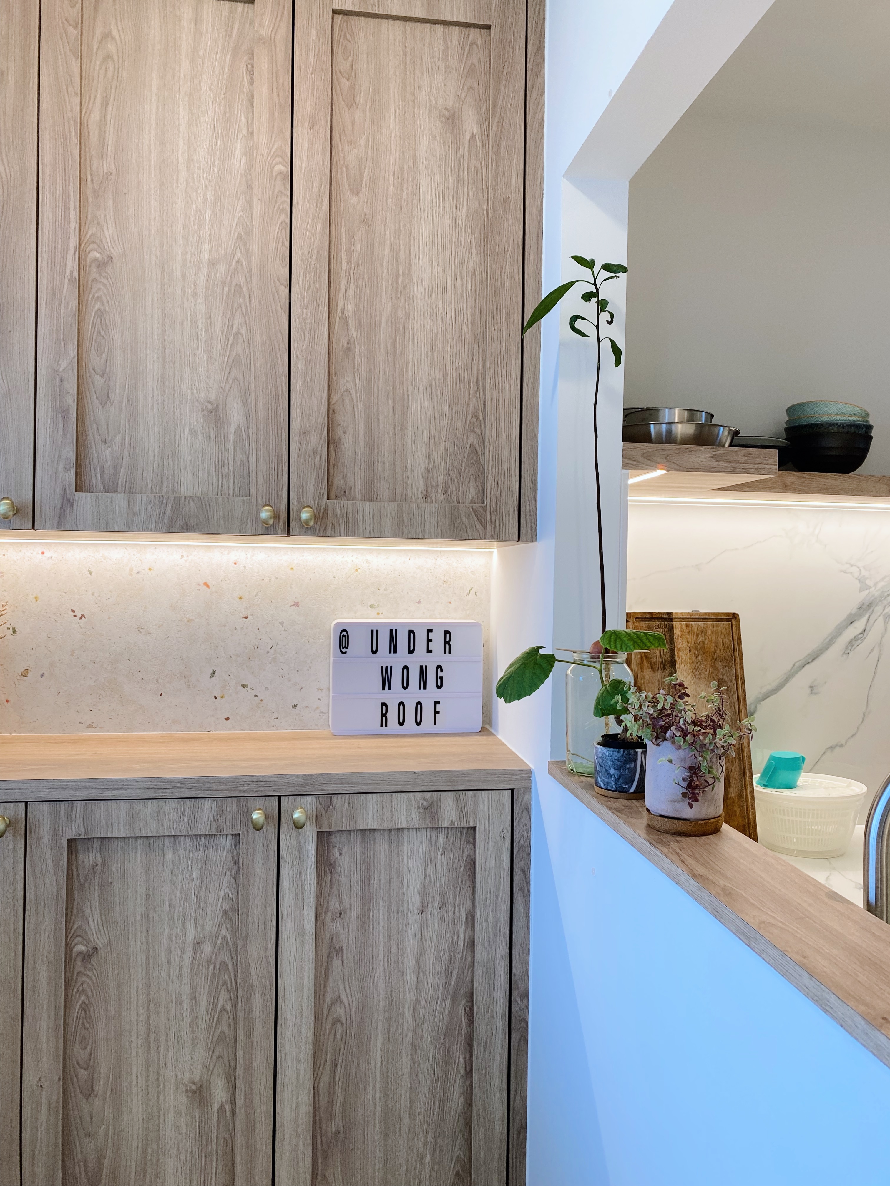 (work in place) doorways and corridors  - Wooden kitchen cabinets, minimalist design, natural wood texture, light brown