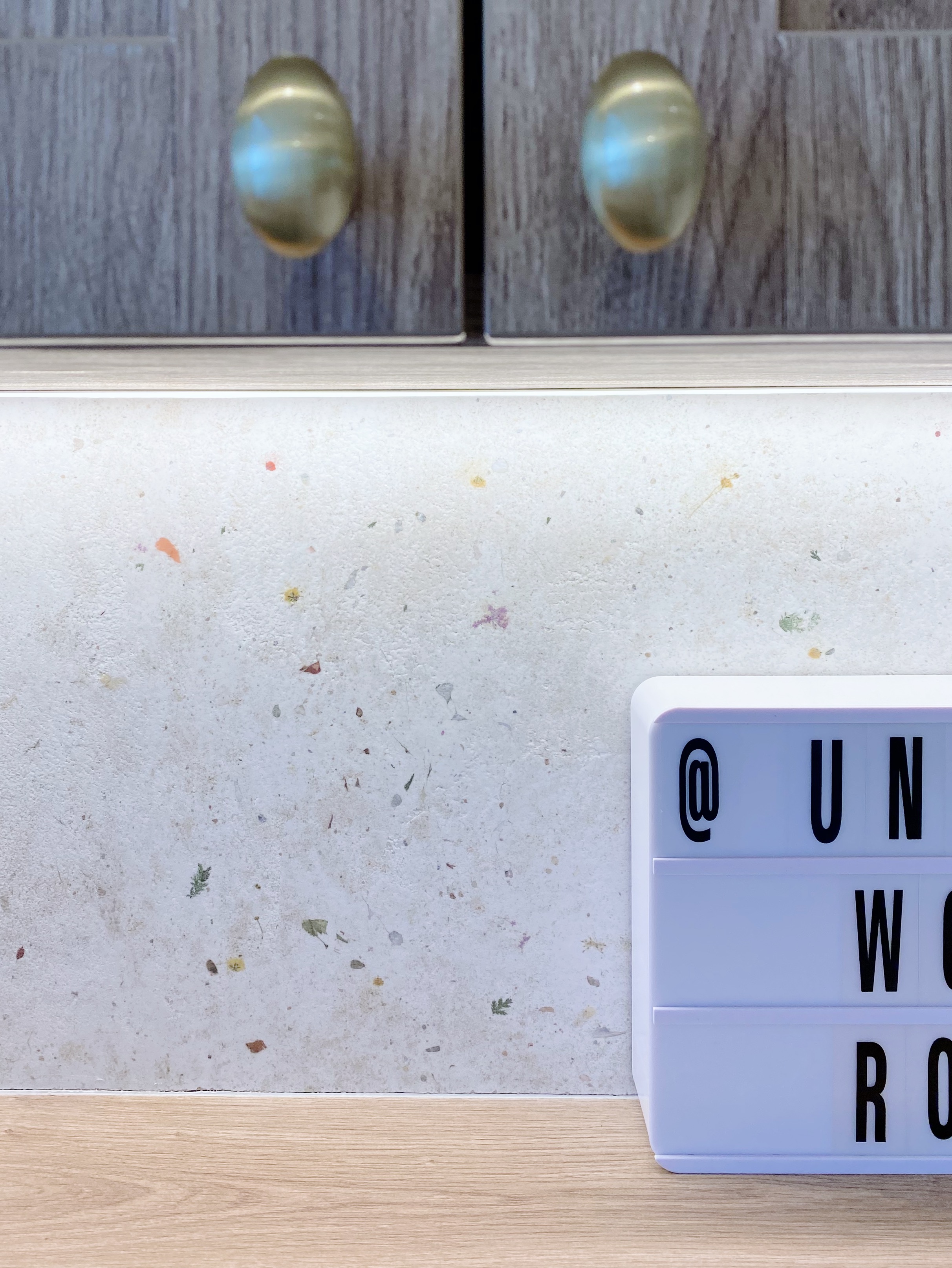 (work in place) doorways and corridors  - Kitchen countertop, cabinets, metallic handles, wooden surface, whiteboard