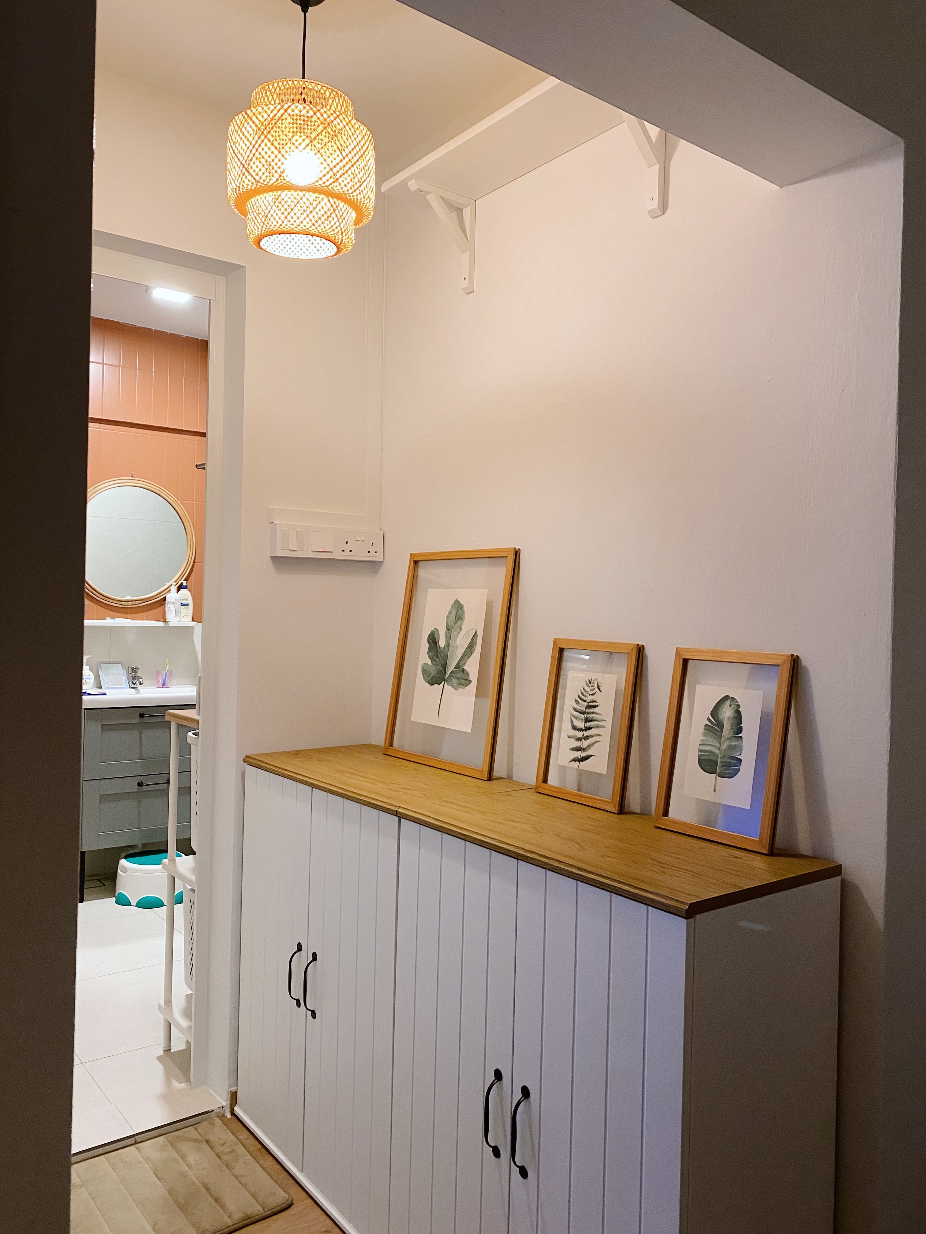 (work in place) doorways and corridors  - Bathroom interior, modern design, white cabinets, wooden countertop, framed