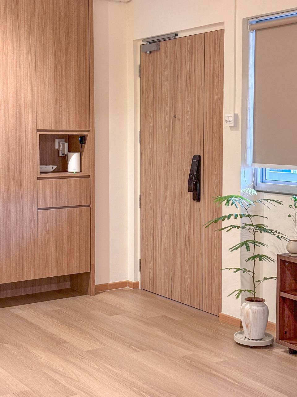 Top 3 Things for an Entryway - Wooden cabinet, wooden door, light brown wood, minimalist design, modern interior, cozy room
