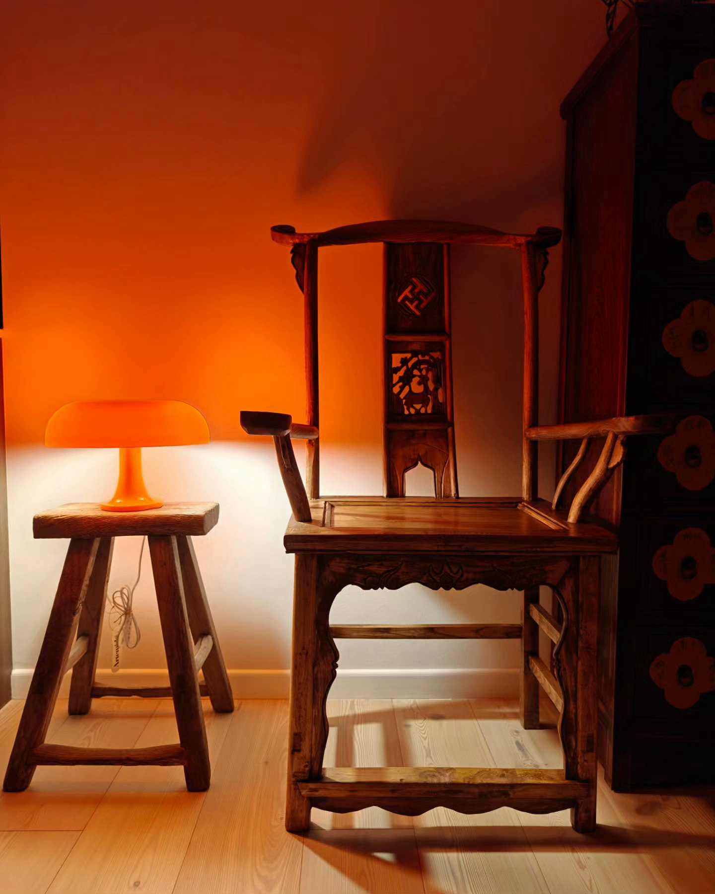 The Entry To Our World - Wooden chair, orange lampshade, wooden stool, wooden floor, wooden furniture, wooden chair legs
