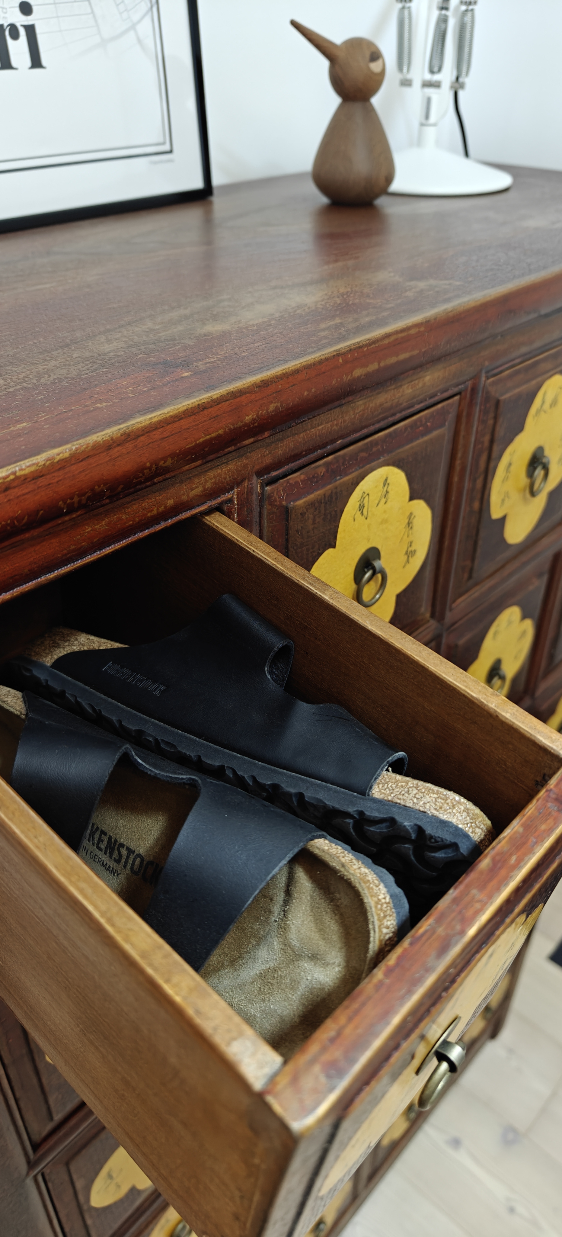 The Entry To Our World - Wooden drawer, neatly organized shoes, Kenstone brand, vintage style, wooden furniture, brass