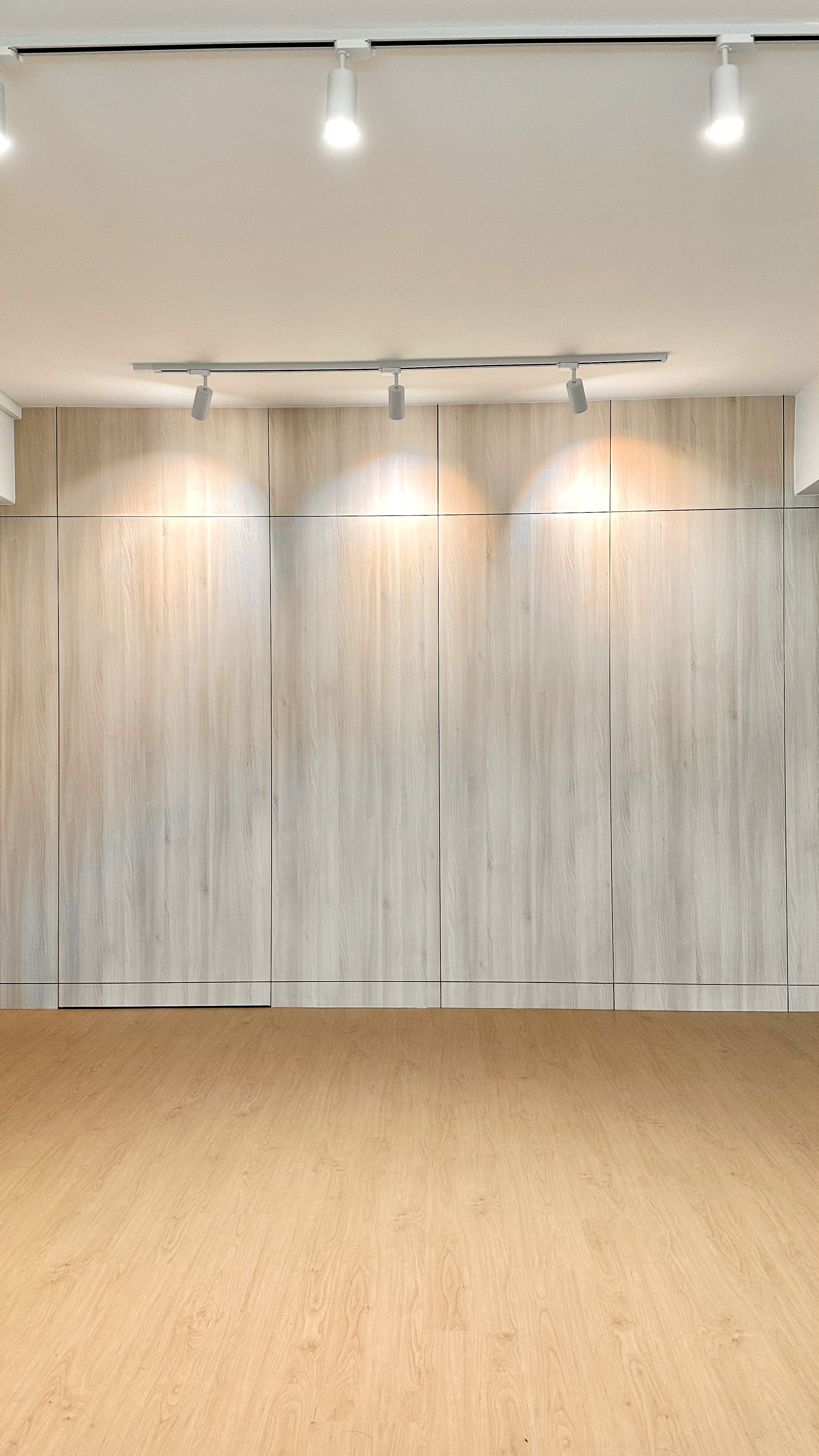 Playing hide and seek with the tofus 👀 - Wooden wall, minimalist design, light beige color, recessed lighting, ceiling