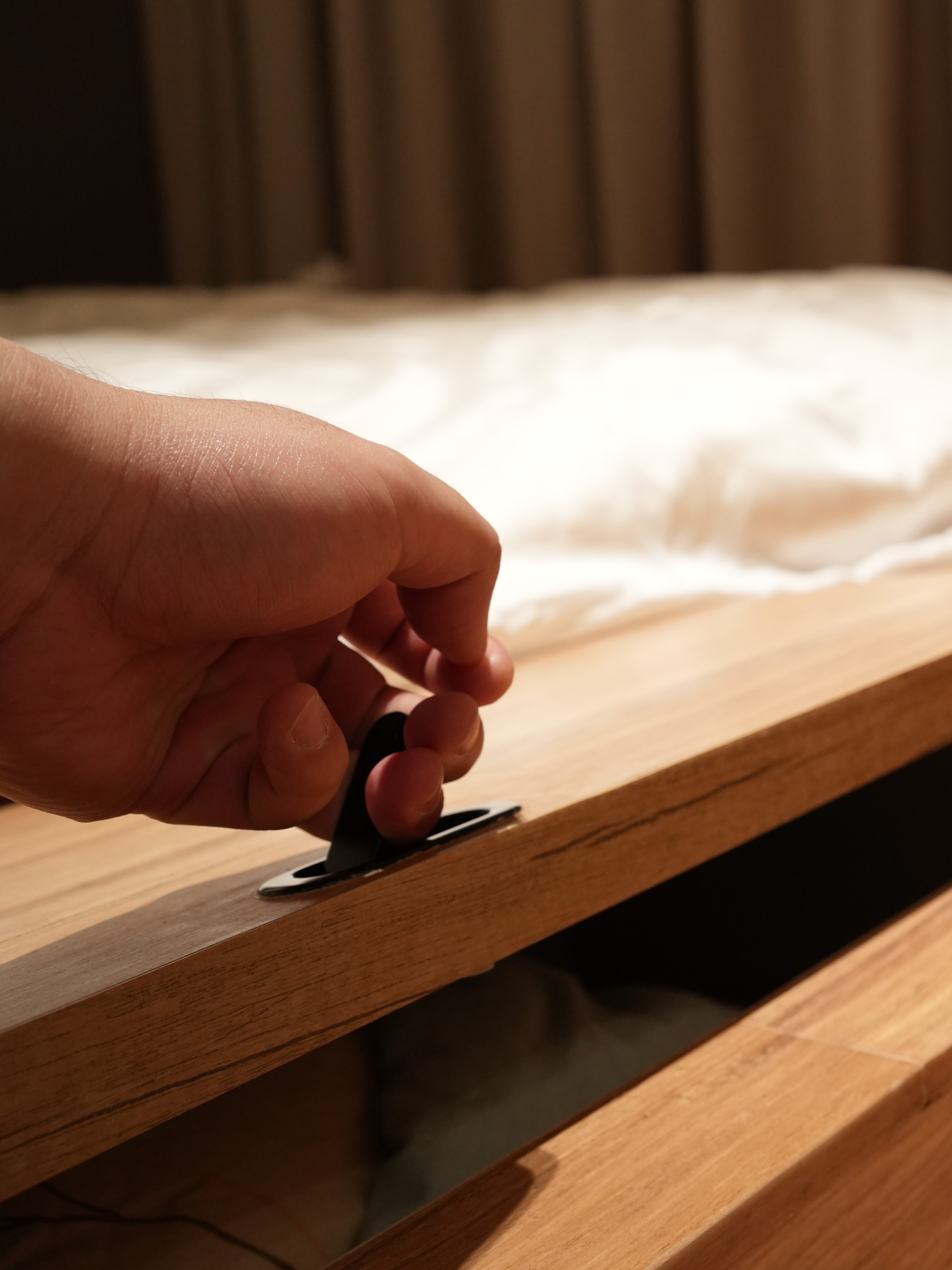 How Shinobi Houses Inspired our Modern Jap Home's Tidy, Minimal Look - Wooden bedside table, hand adjusting drawer pull