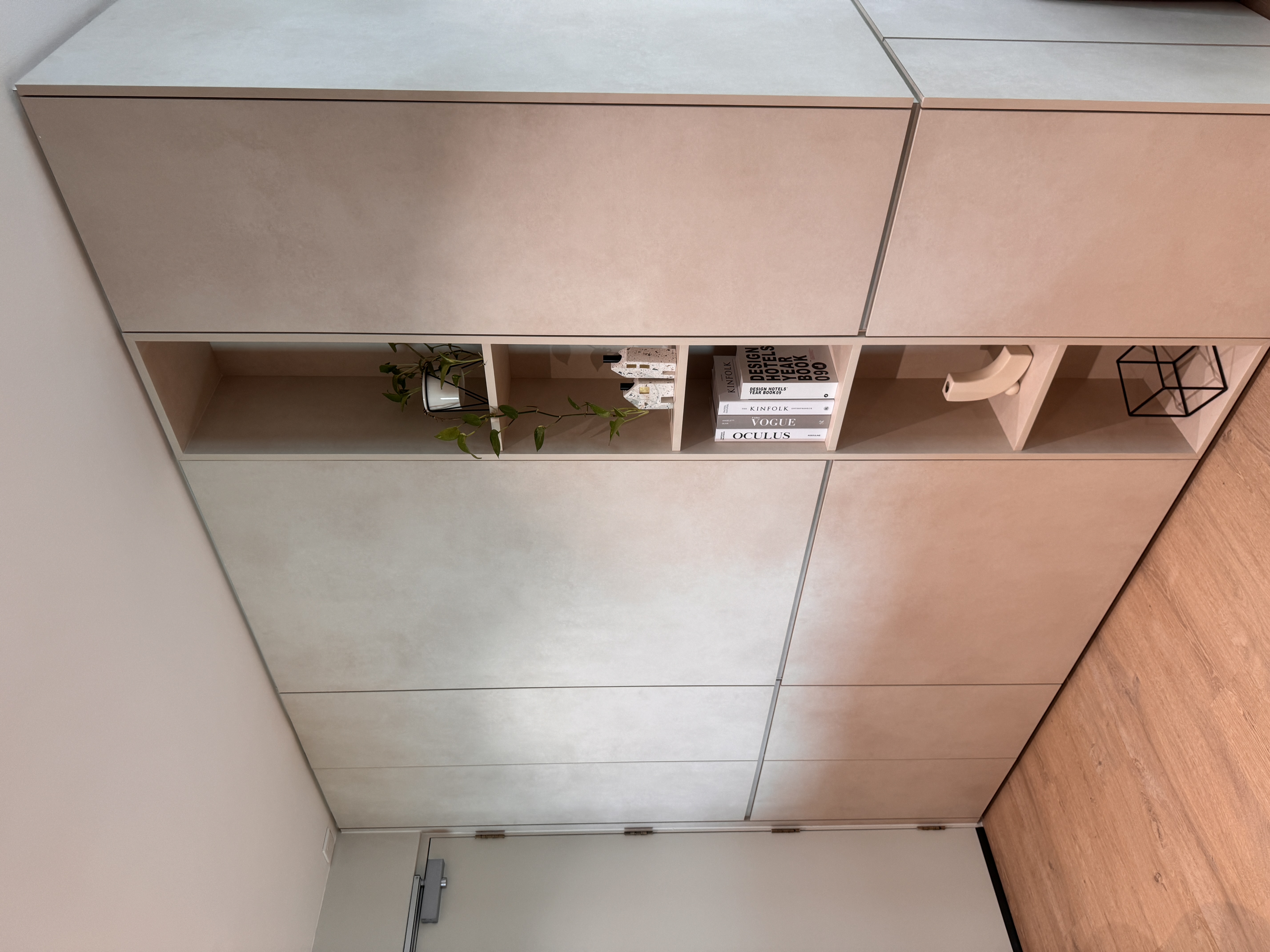 Step into "The Little Starry Loft" through its Entryway - modern minimalist interior, floating shelves, beige cabinets