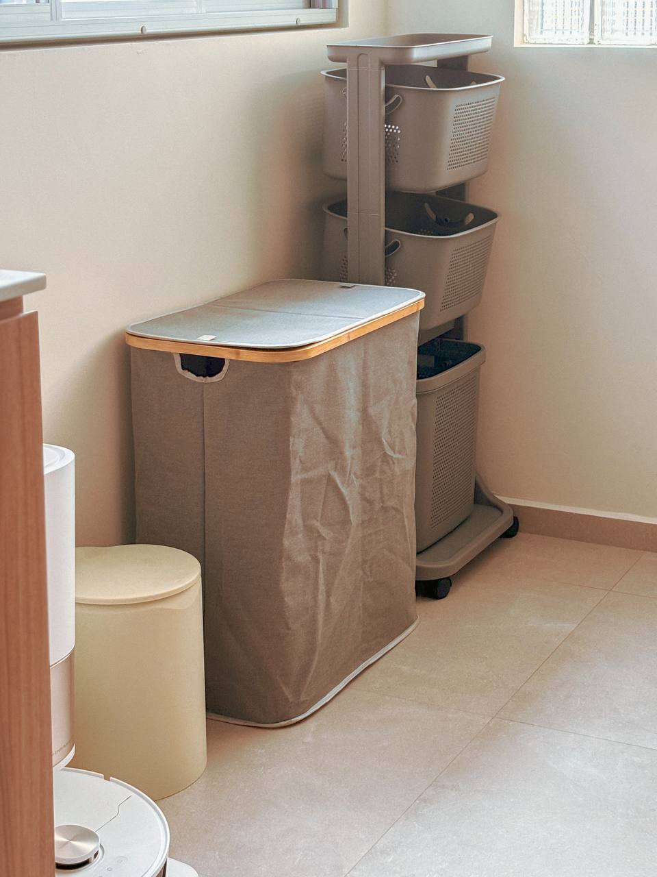 Keeping it Minimalist - Service Yard - Foldable laundry bin, multi-tiered storage, beige and gray colors, compact design