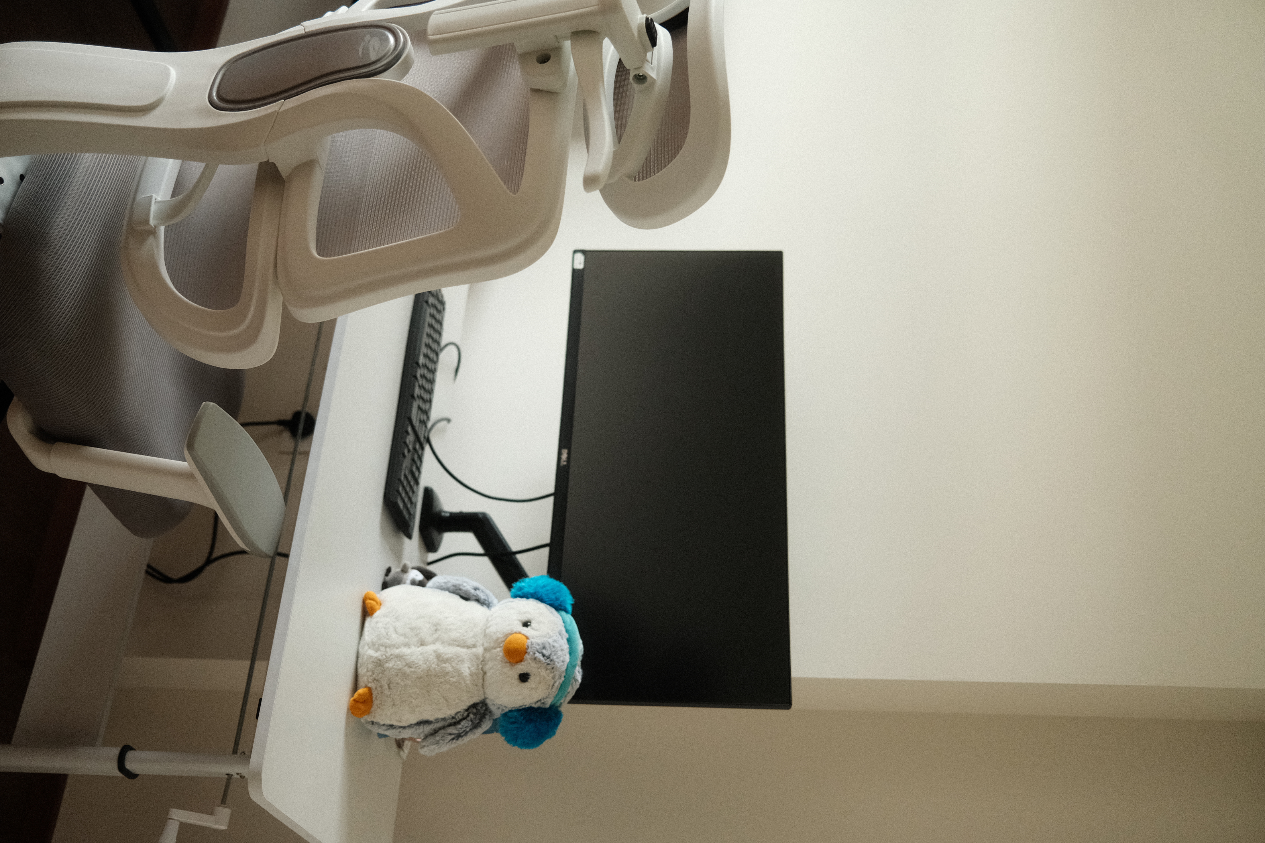 Our simple and minimal workspace - White ergonomic office chair, black monitor, plush toy penguin, desk setup, black