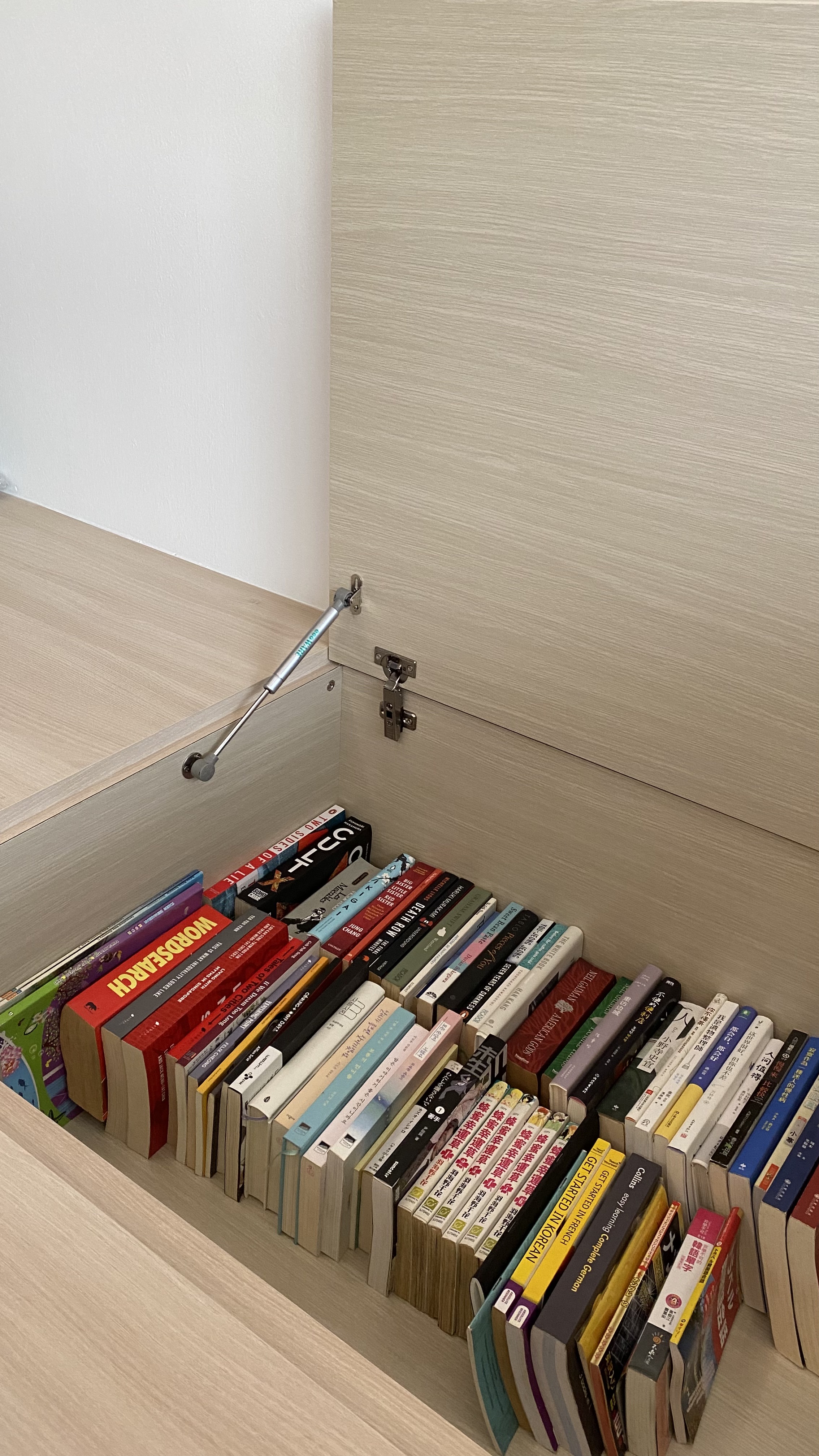 The tofus' favourite room: their chill area! - Wooden bookshelf, neatly organized books, various genres, diverse titles