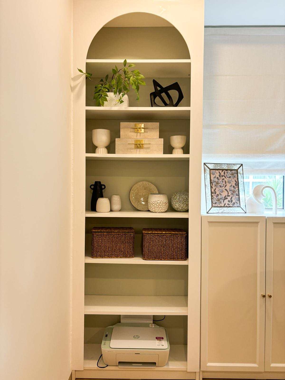 A comfortable and clutter-free WFH workspace to inspire productivity  - White shelving unit, minimalist design, decorative
