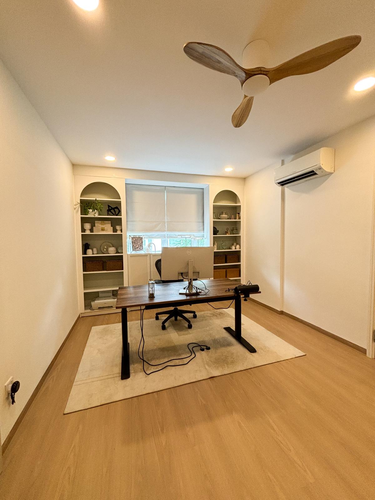 A comfortable and clutter-free WFH workspace to inspire productivity  - Wooden desk, modern office, ergonomic chair, computer