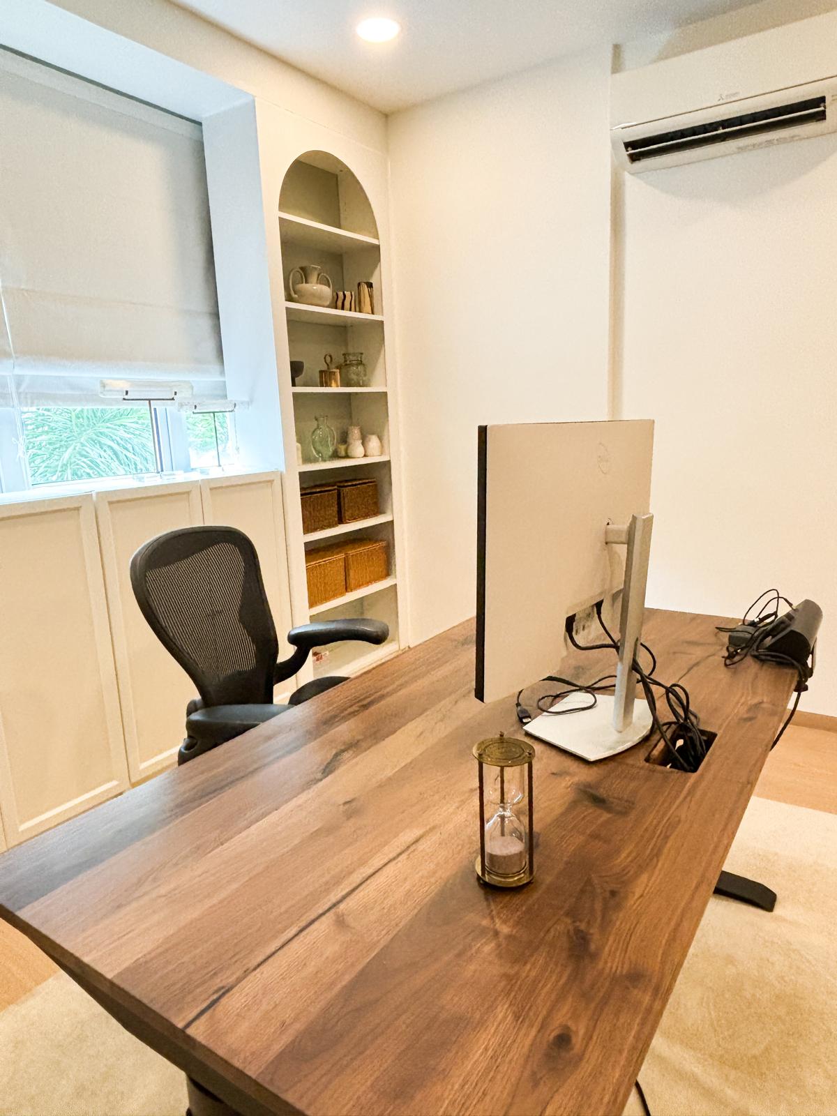 A comfortable and clutter-free WFH workspace to inspire productivity  - Wooden desk, modern office, ergonomic chair, computer