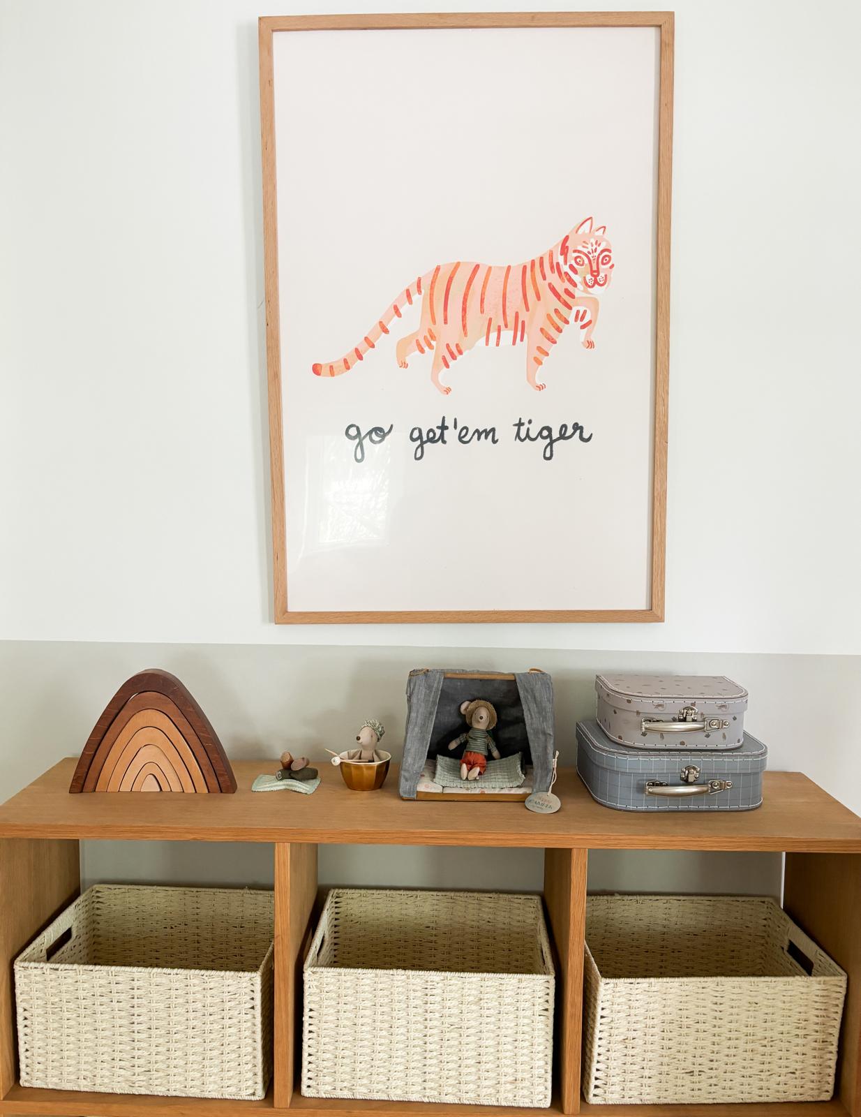 A safari themed kid's room  - Wooden shelf, children's room, wall decoration, orange tiger illustration, "go get 'em tiger"