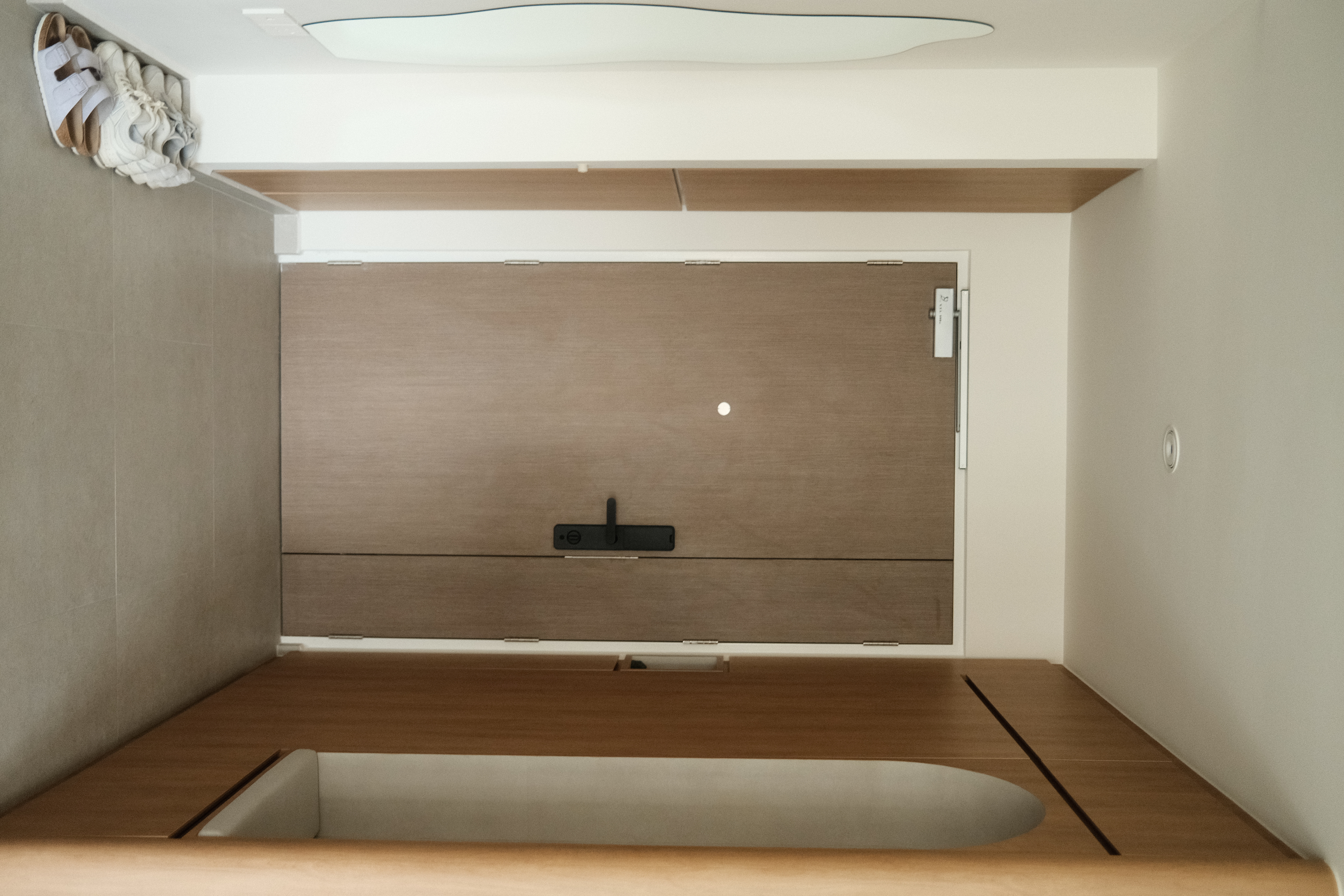 Entryway designed for our daily living - Wooden cabinet, beige shoes, minimalist design, modern interior, sleek storage