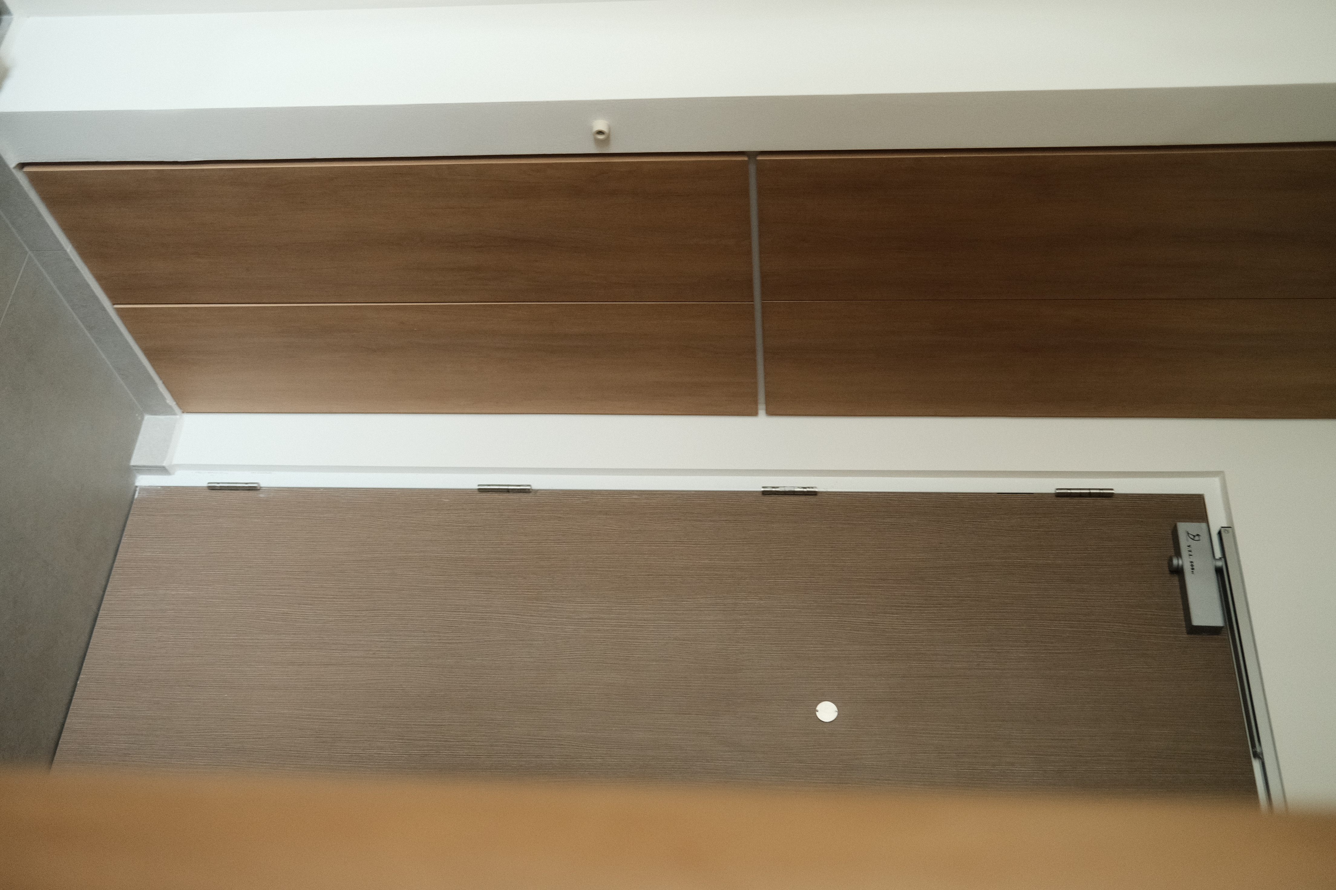 Entryway designed for our daily living - Wooden cabinet, brown wooden panel, ceiling light fixture, white wall, recessed