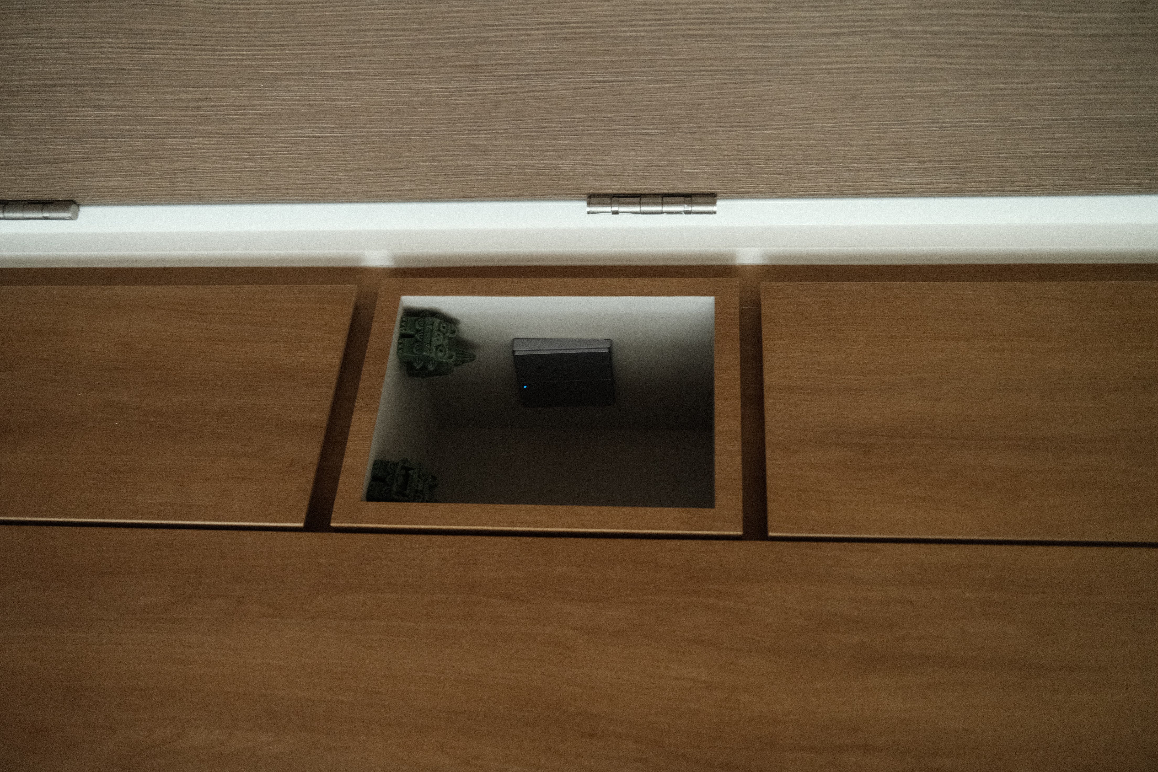 Entryway designed for our daily living - Wooden cabinet, open drawer, dark drawer, recessed lighting, minimalist design