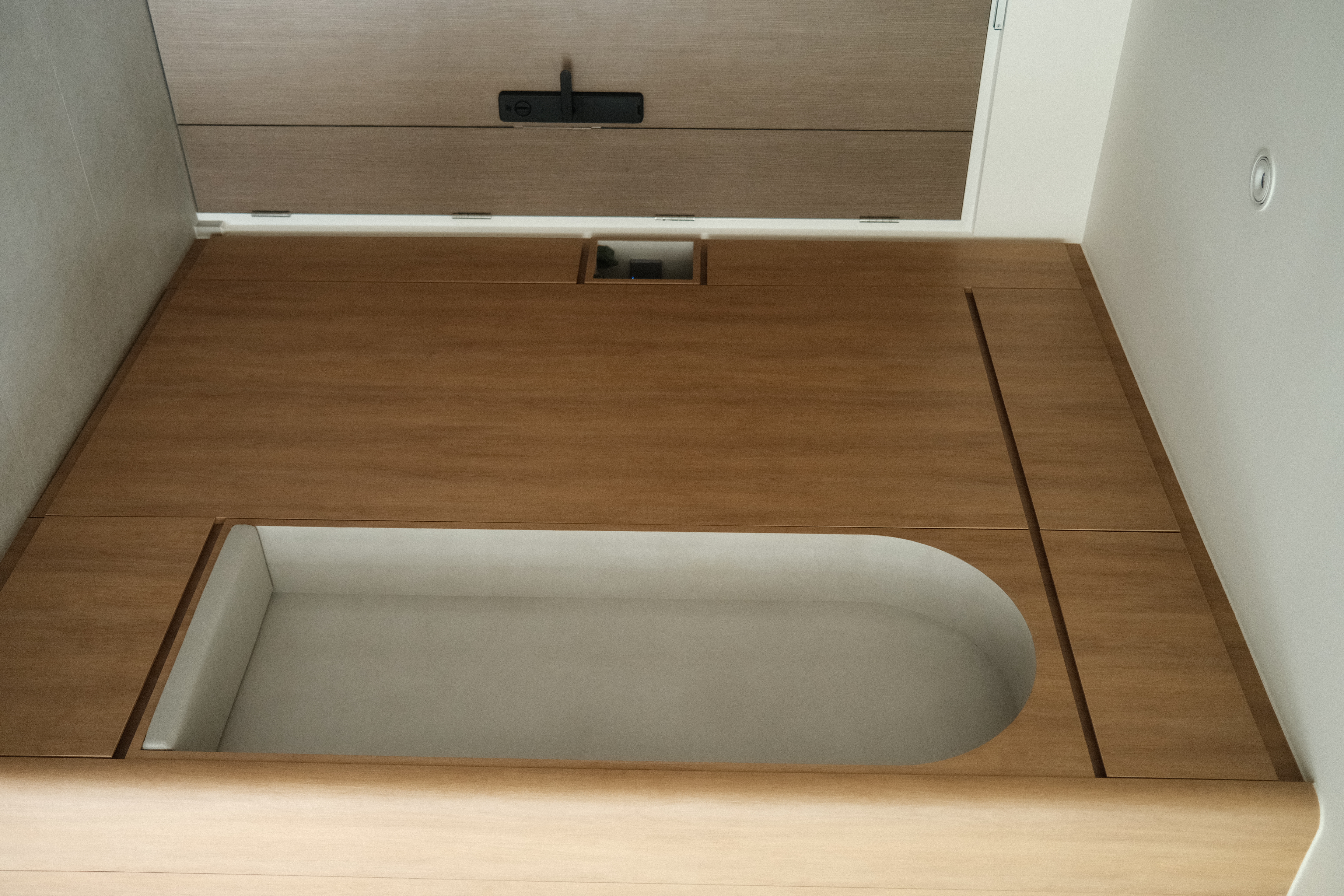 Entryway designed for our daily living - Wooden cabinet with recessed storage space, minimalist design, modern aesthetic