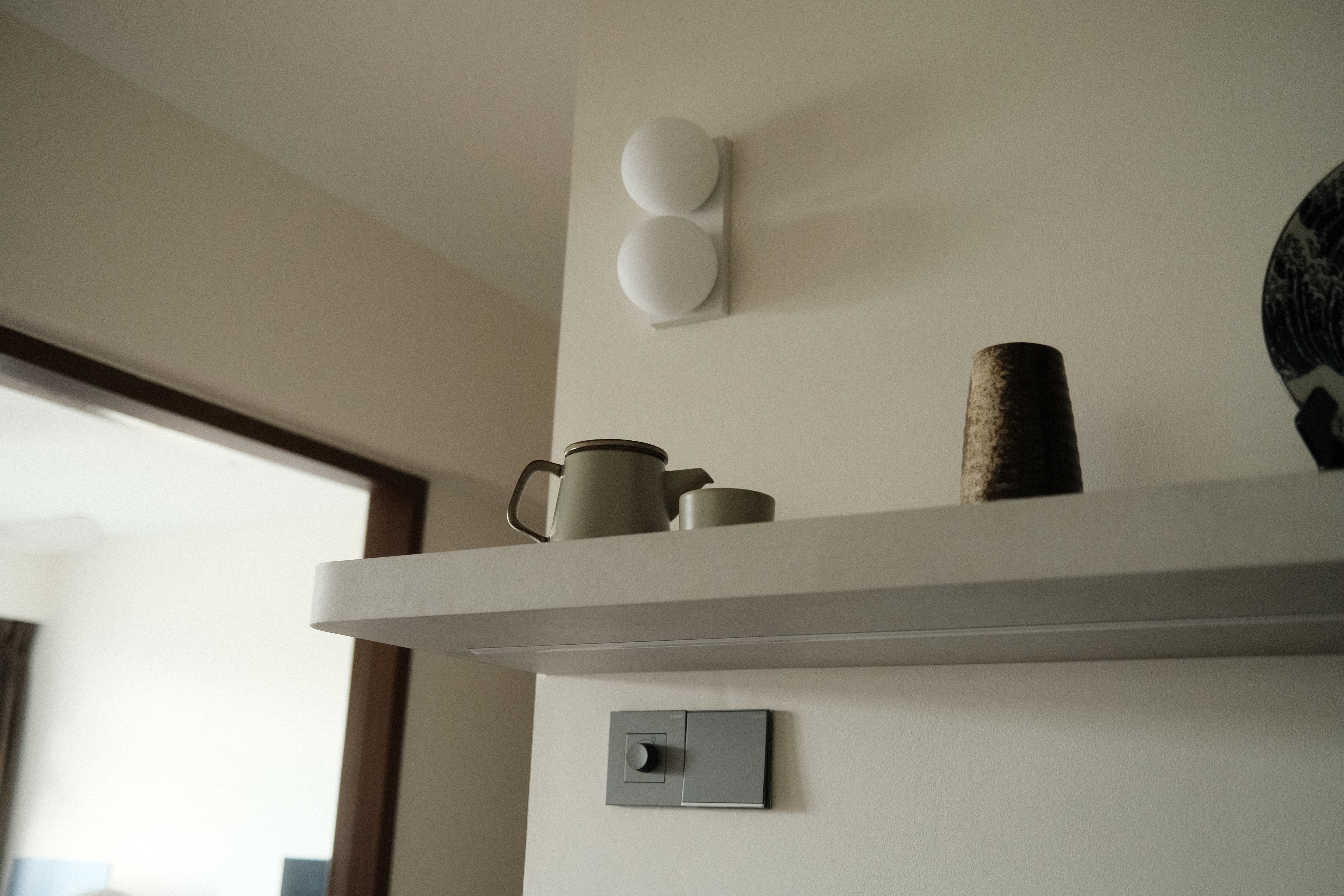 Setting up a coffee bar at home - modern minimalist kitchen, white pendant light, gray shelf, contemporary decor, soft