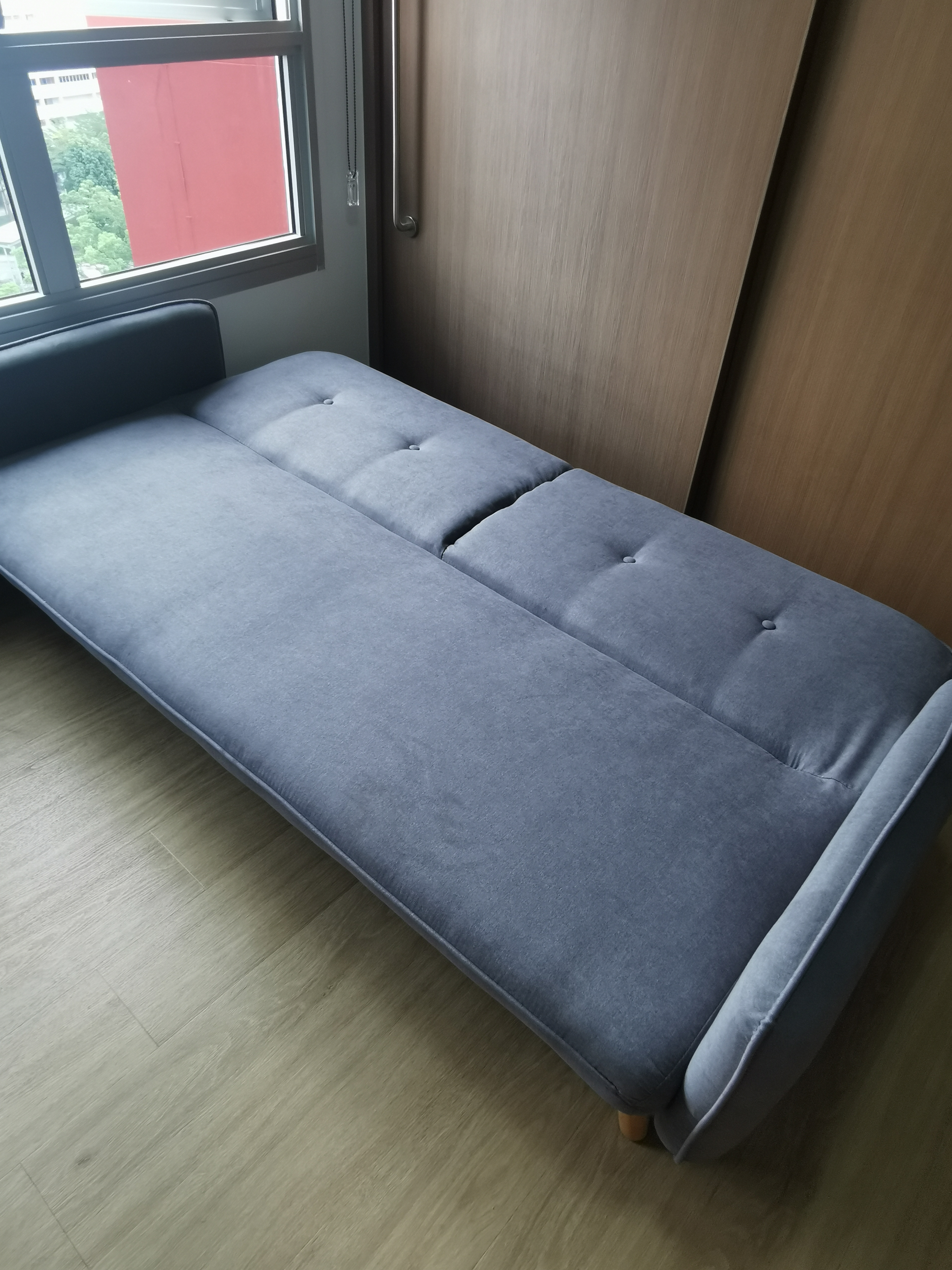 #simplicity - Modern minimalist living room, cozy gray sofa, soft upholstery, sleek design, contemporary decor, natural