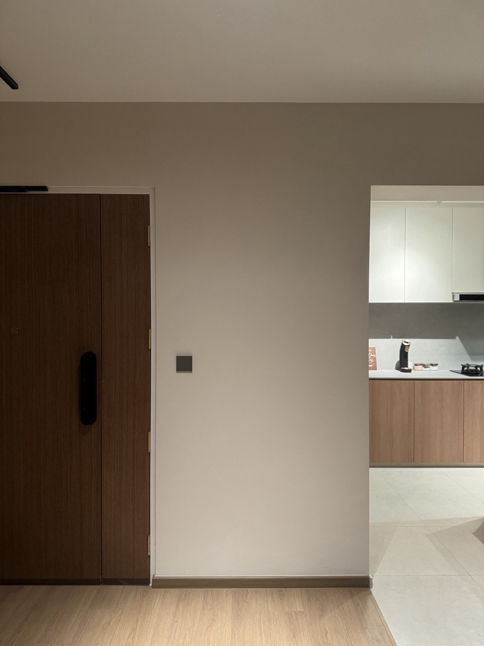 Entryway: Welcoming look - Wooden kitchen cabinets, minimalist design, modern kitchen, light wood flooring, sleek kitchen