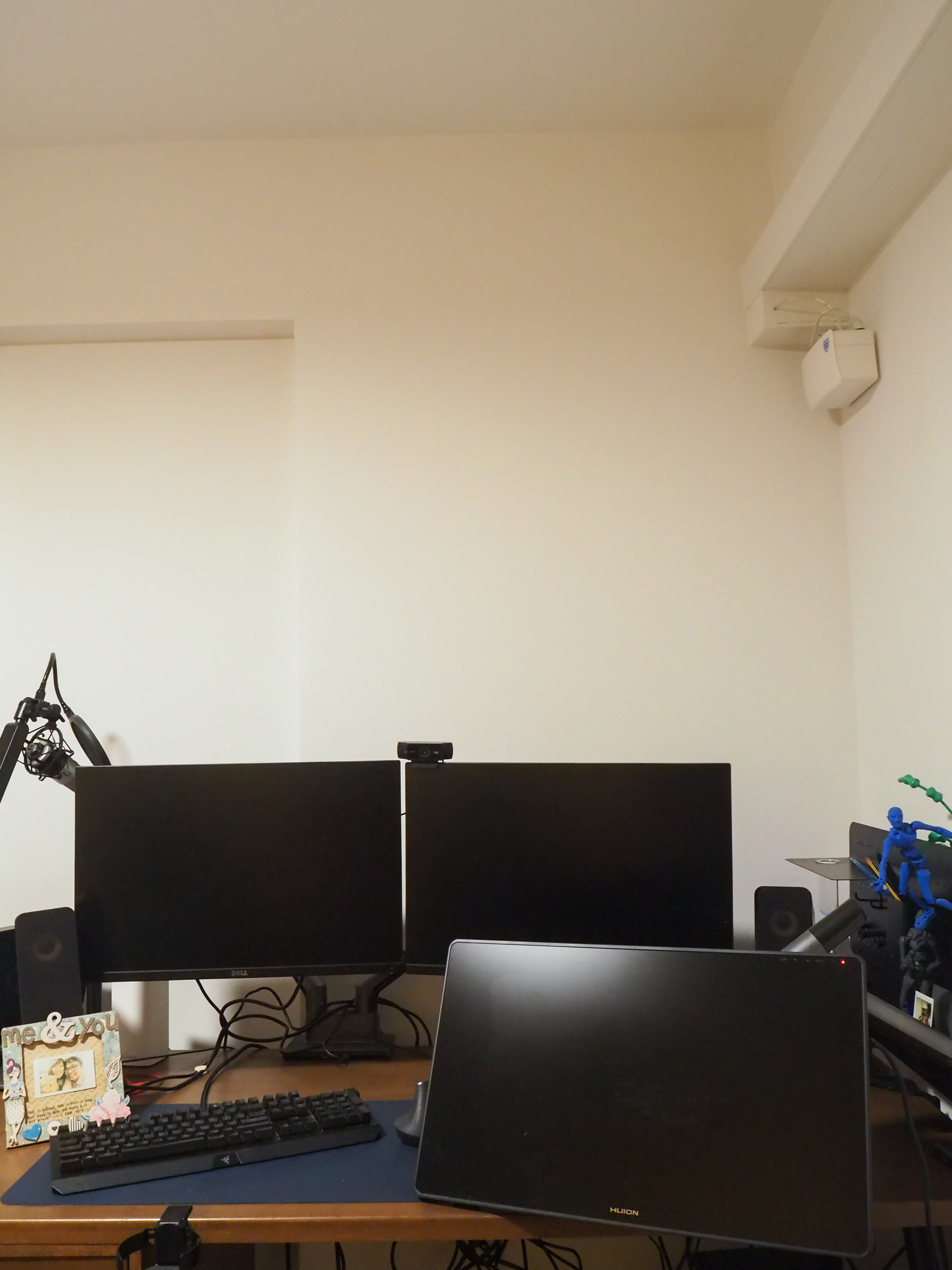 Our Workspace with zero built-in + pops of colours - Computer desk, dual monitors, black keyboards, black monitor, white