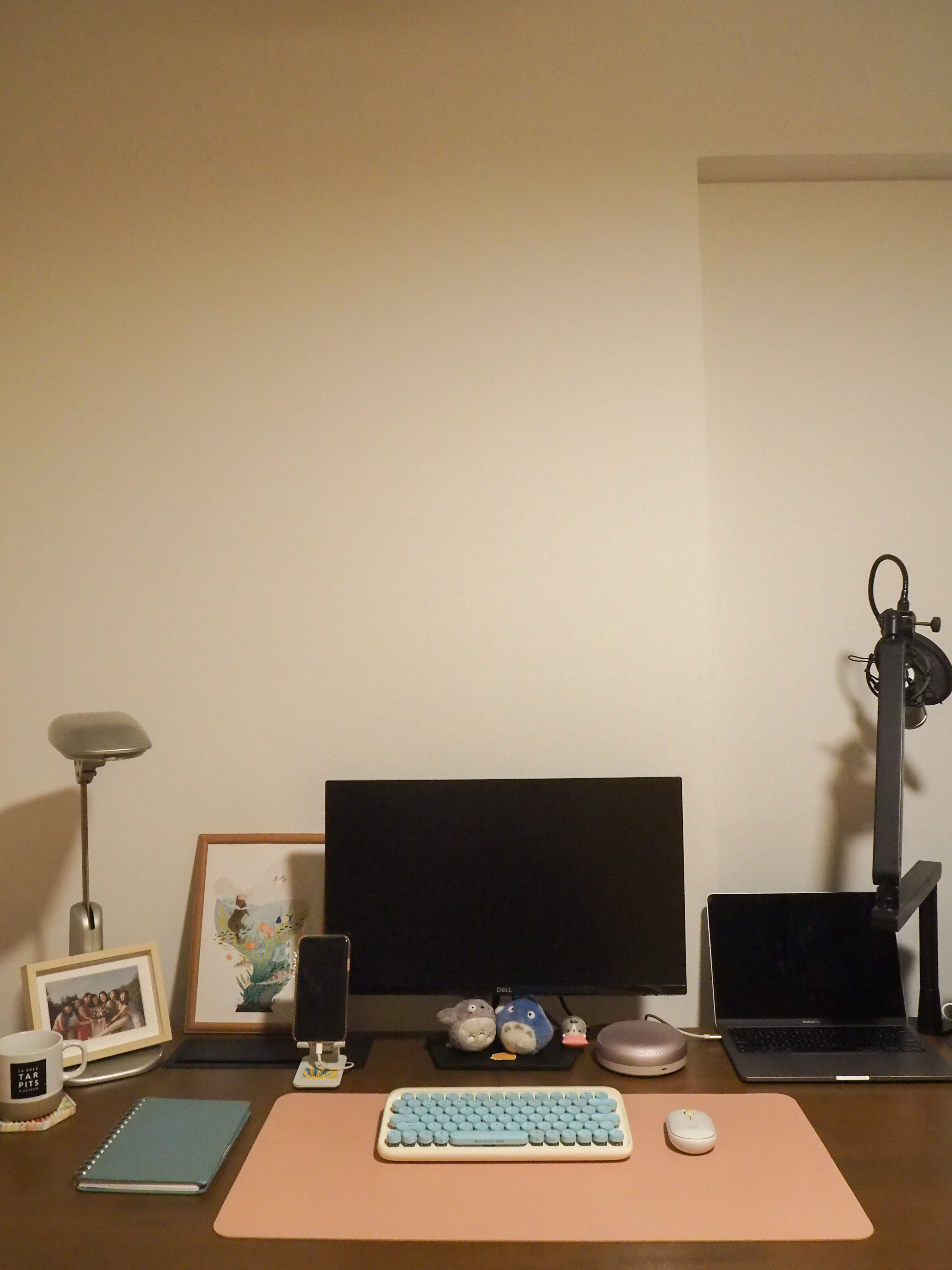 Our Workspace with zero built-in + pops of colours - Desk setup, desk lamp, framed photo, black monitor,