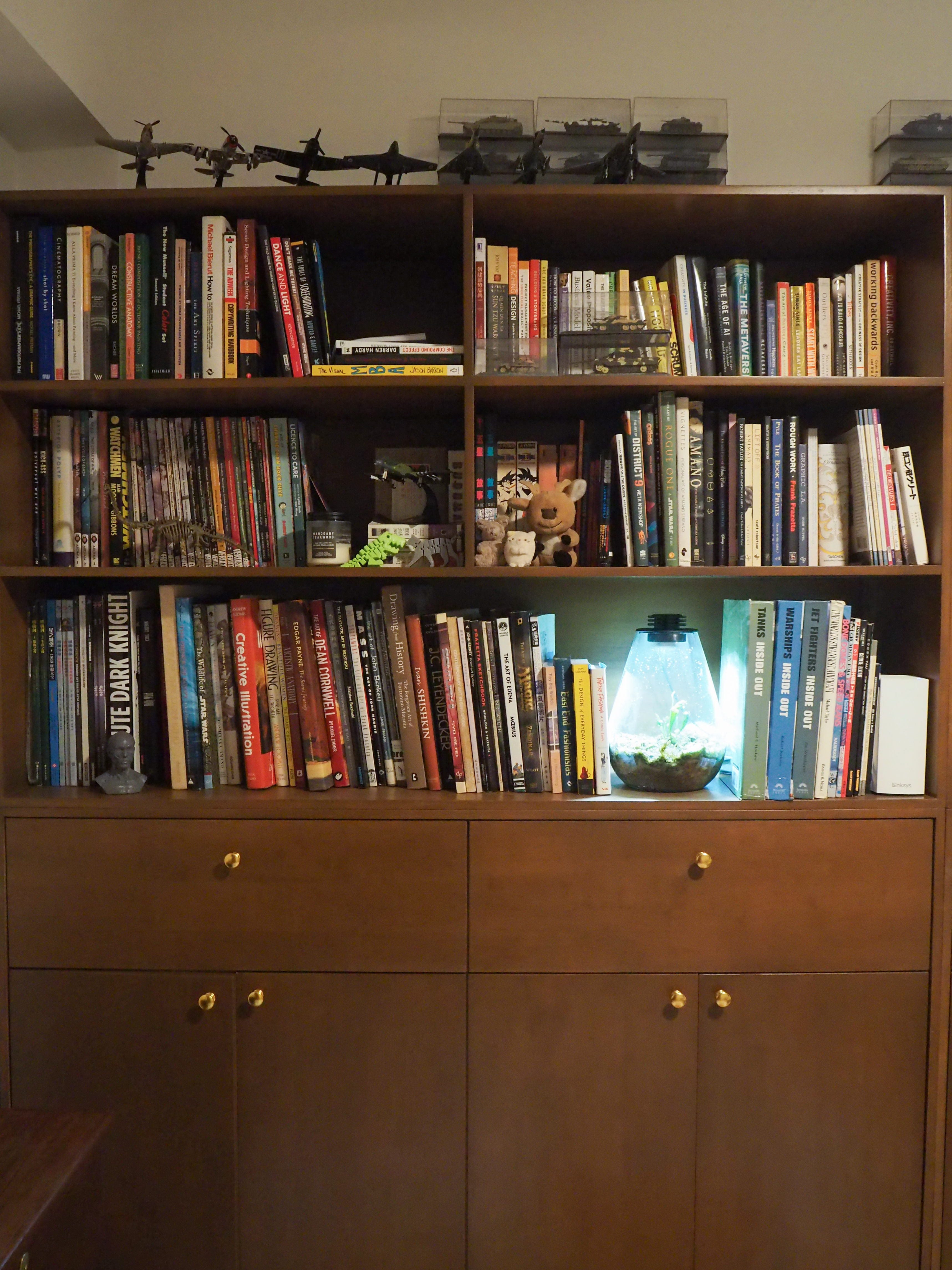 Our WIP Recreational Room - Bookshelf filled with various books, including science fiction and history, along with model